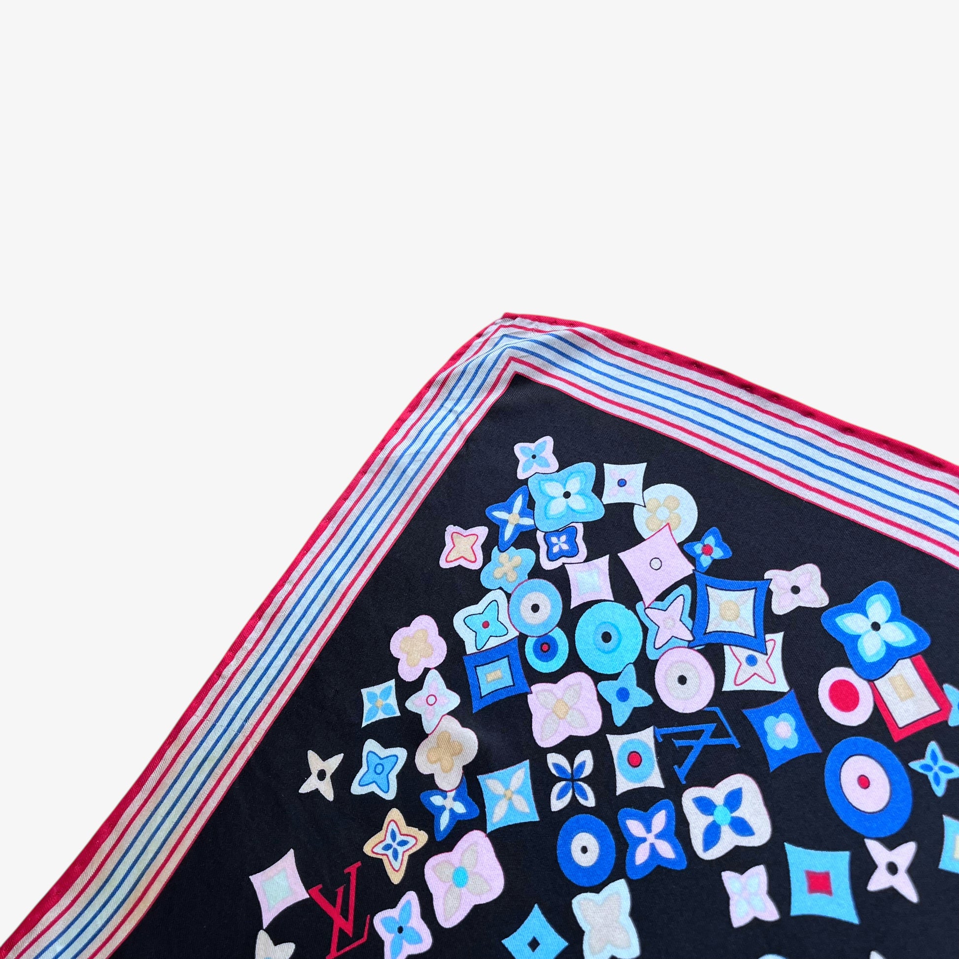 Colourful Striped trim on vintage Y2K women's Louis Vuitton black silk scarf features a colourful LV and abstract floral geometric print.