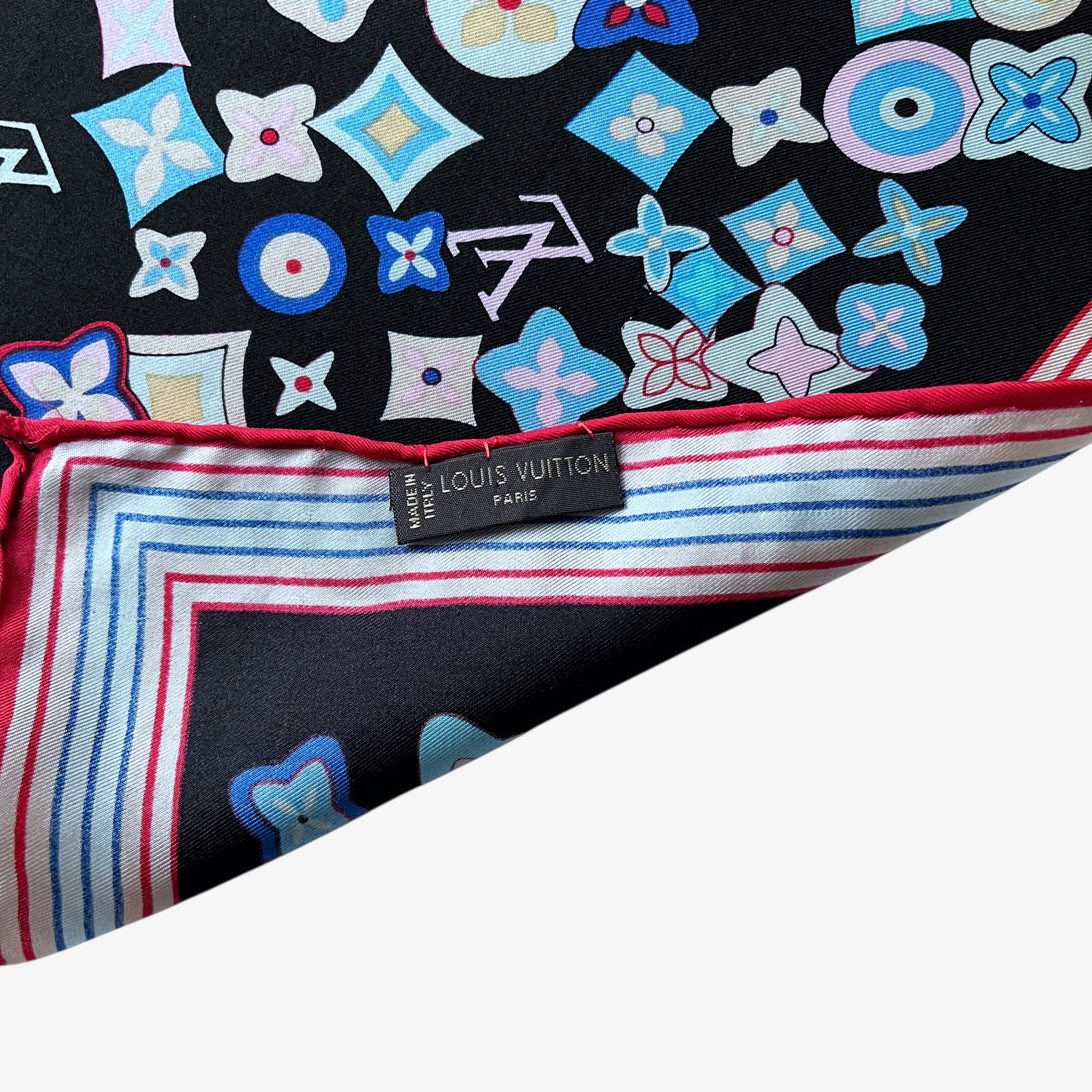 Louis Vuitton made in Italy label of vintage Y2K women's black silk scarf features a colourful LV and abstract floral geometric print.