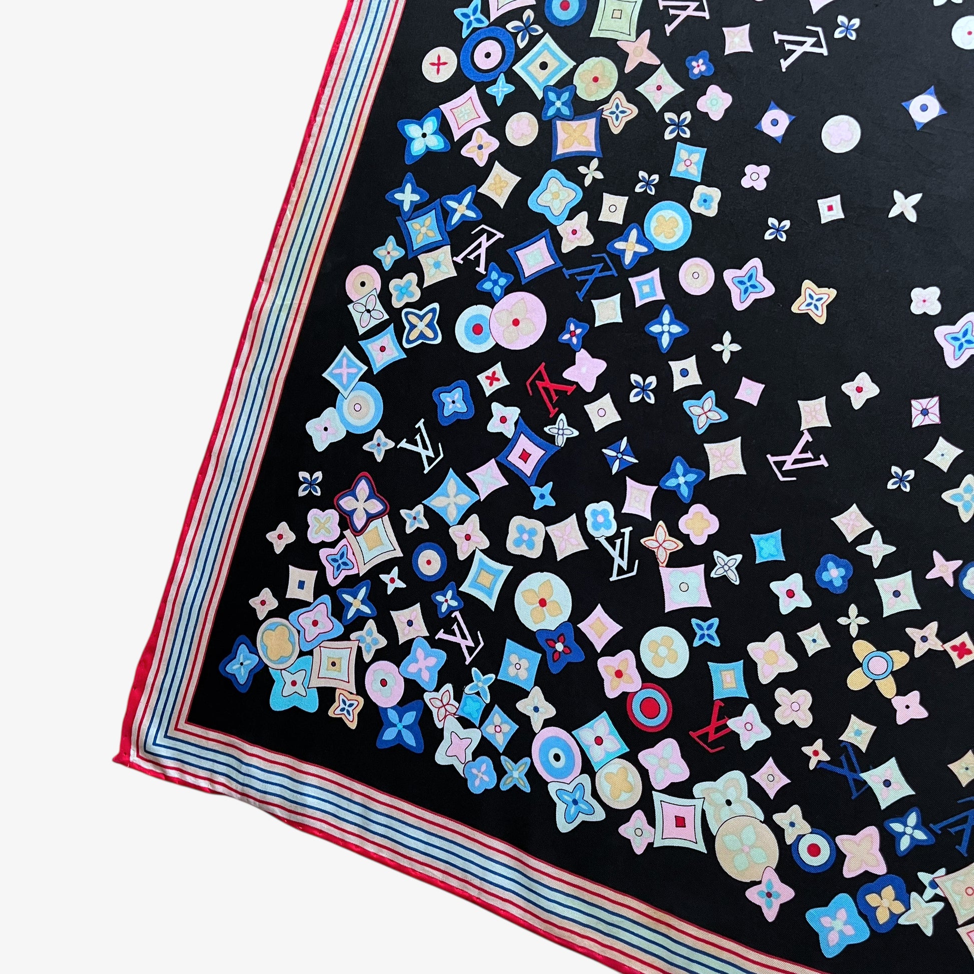 Takashi Murakami styled geometric pattern on a vintage Y2K women's Louis Vuitton black silk scarf features a colourful LV and abstract floral print.