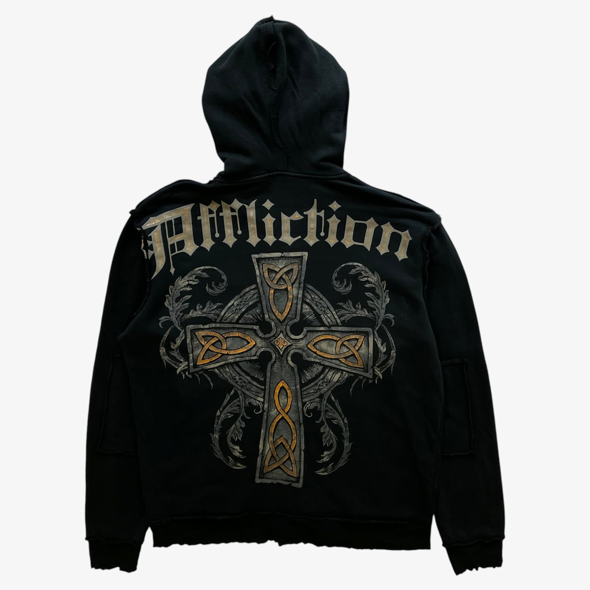 Vintage Y2K Mens Affliction Skull And Cross Double Sided Print Black Hooded Jacket Back - Casspios Dream