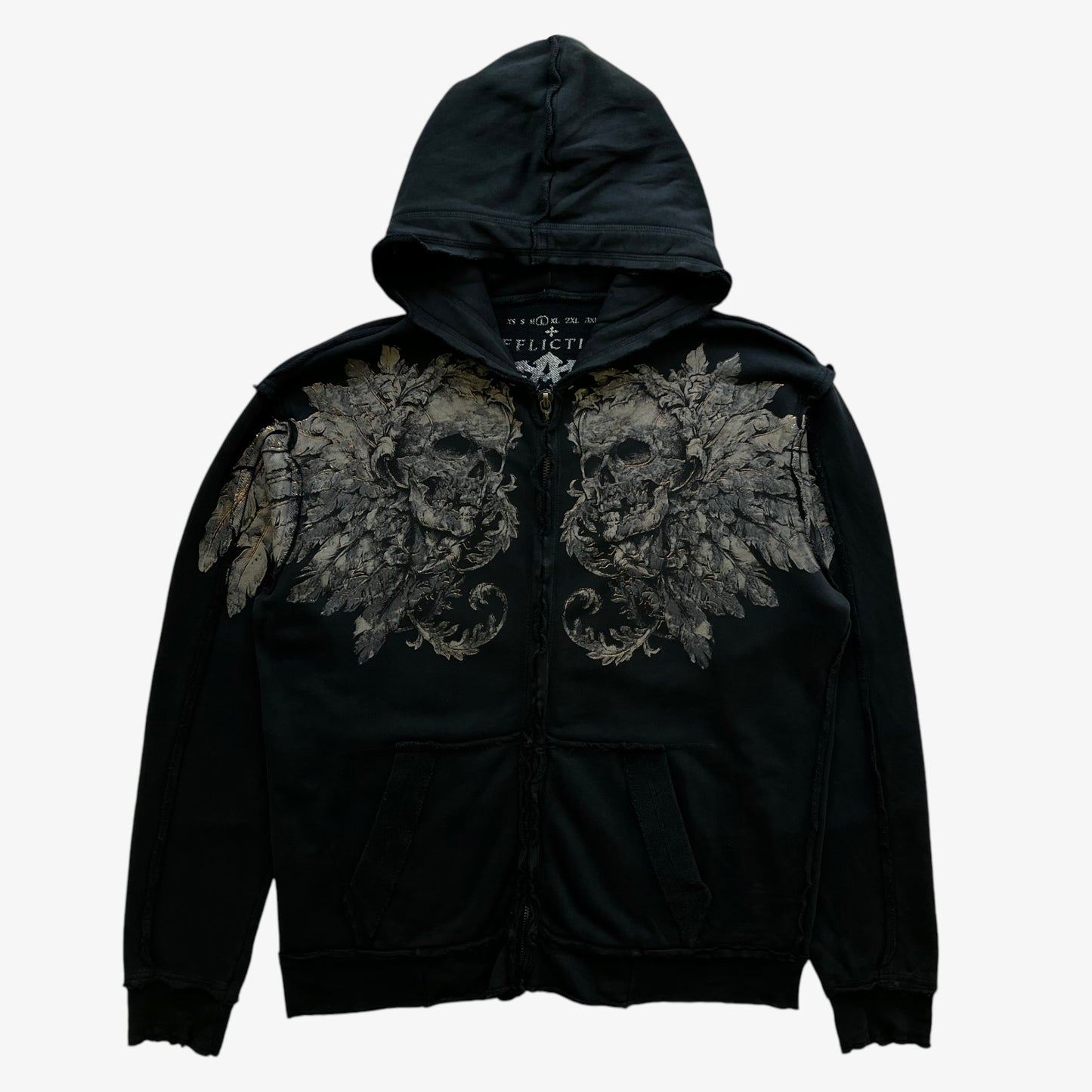 Vintage Y2K Mens Affliction Skull And Cross Double Sided Print Black Hooded Jacket - Casspios Dream