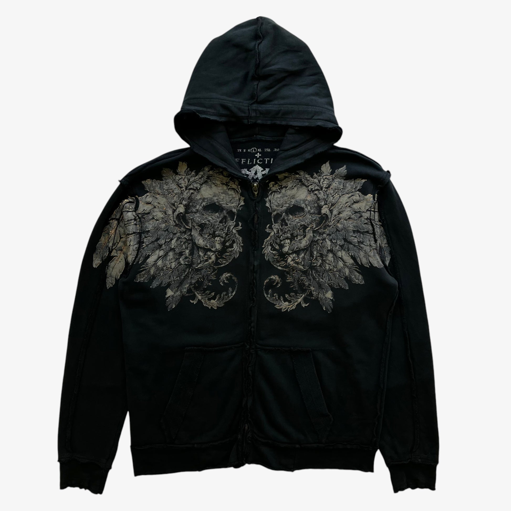 Vintage Y2K Mens Affliction Skull And Cross Double Sided Print Black Hooded Jacket - Casspios Dream