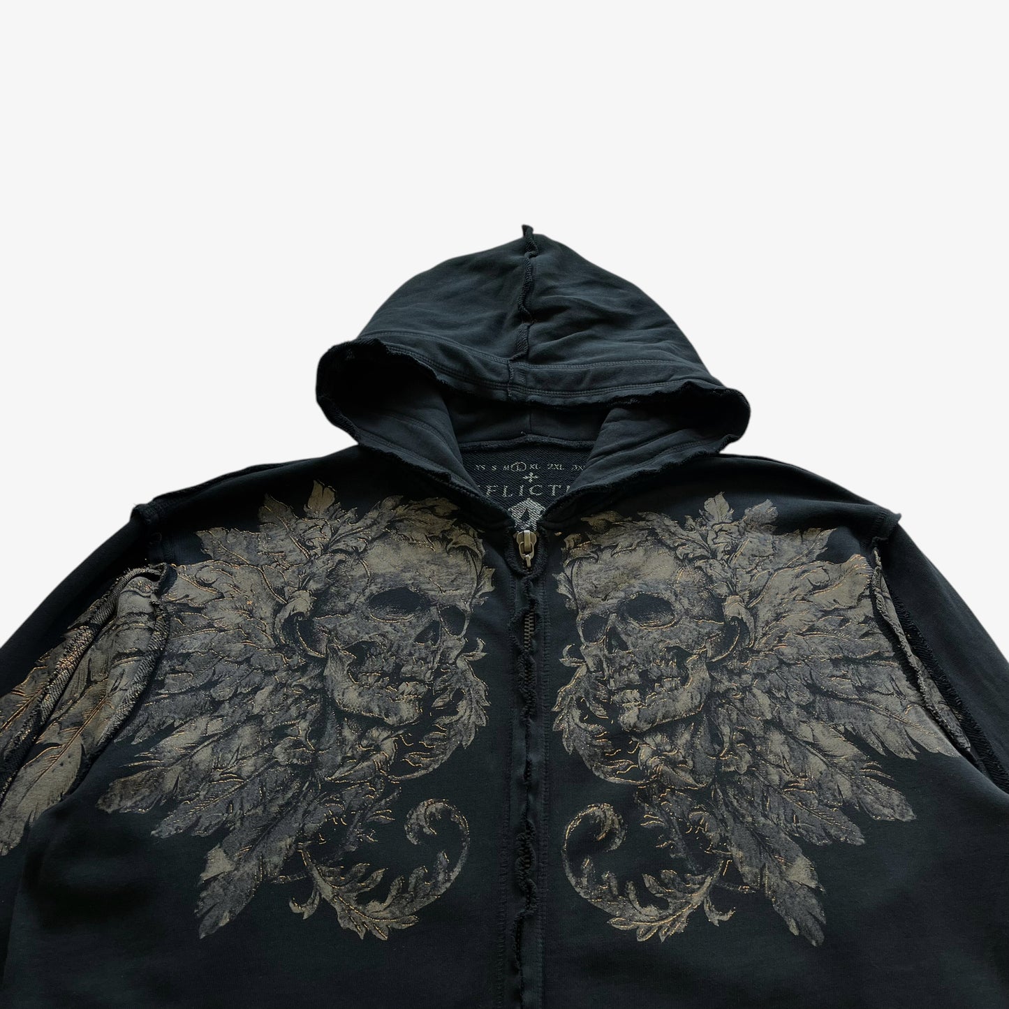 Vintage Y2K Mens Affliction Skull And Cross Double Sided Print Black Hooded Jacket Gothic - Casspios Dream