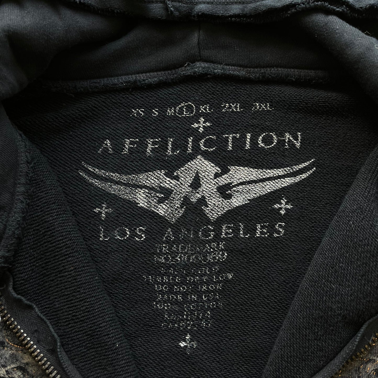Vintage Y2K Mens Affliction Skull And Cross Double Sided Print Black Hooded Jacket Label - Casspios Dream