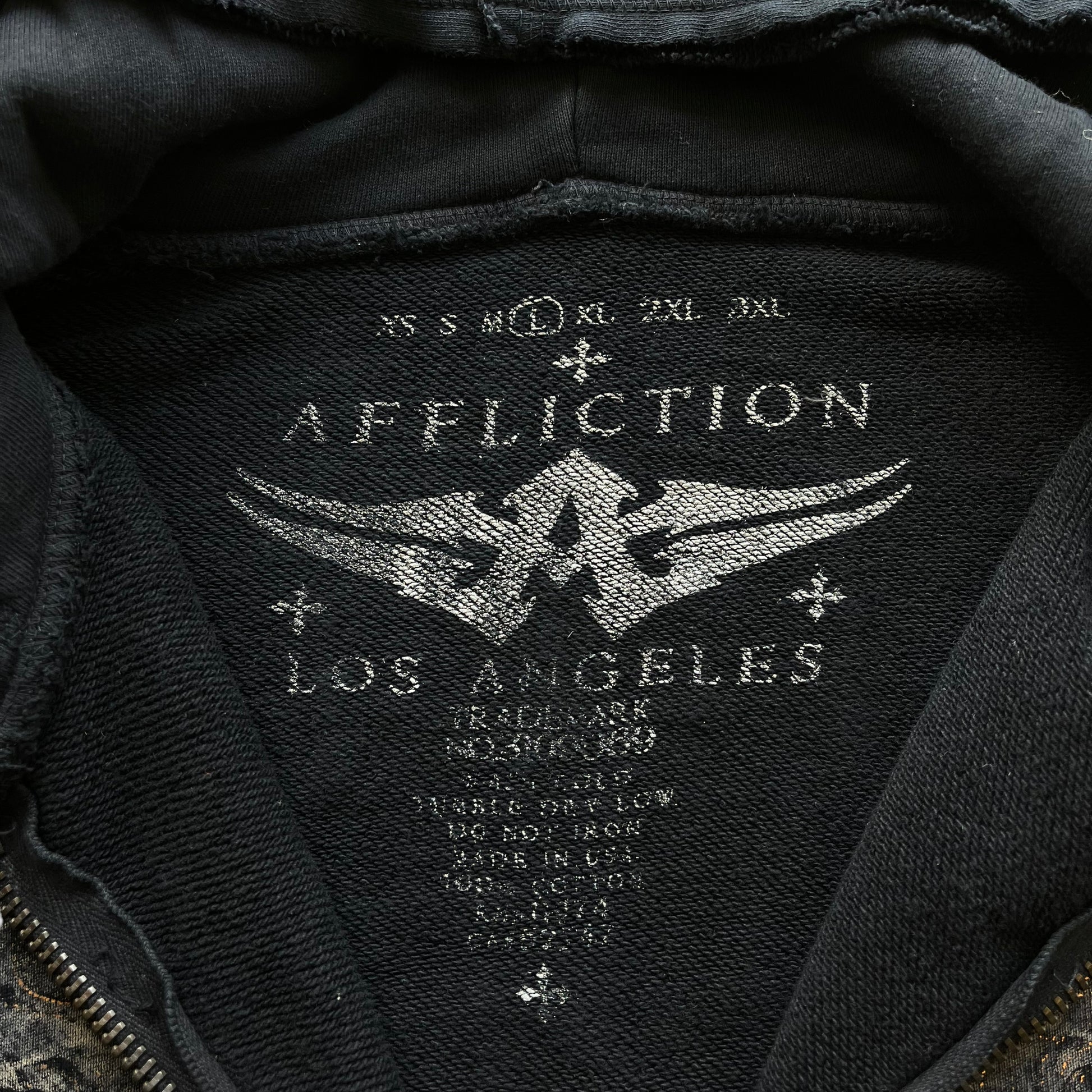 Vintage Y2K Mens Affliction Skull And Cross Double Sided Print Black Hooded Jacket Label - Casspios Dream