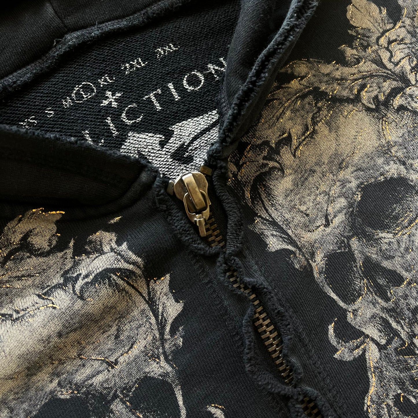 Vintage Y2K Mens Affliction Skull And Cross Double Sided Print Black Hooded Jacket Zip - Casspios Dream