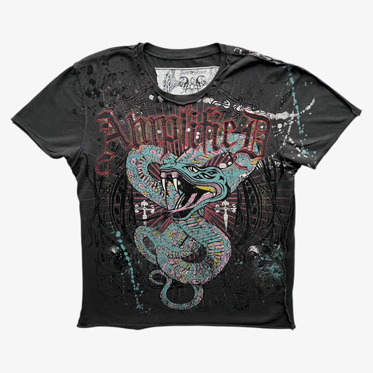 Vintage Y2K Amplified grey t-shirt with a graphic snake print.
