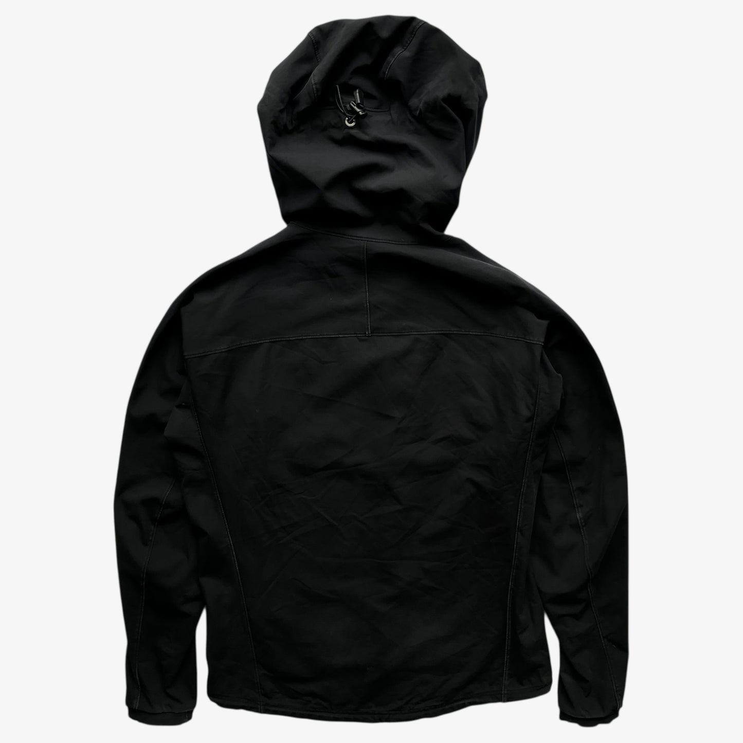 Back of men's vintage Y2K Arcteryx Polartec black hooded utility jacket.