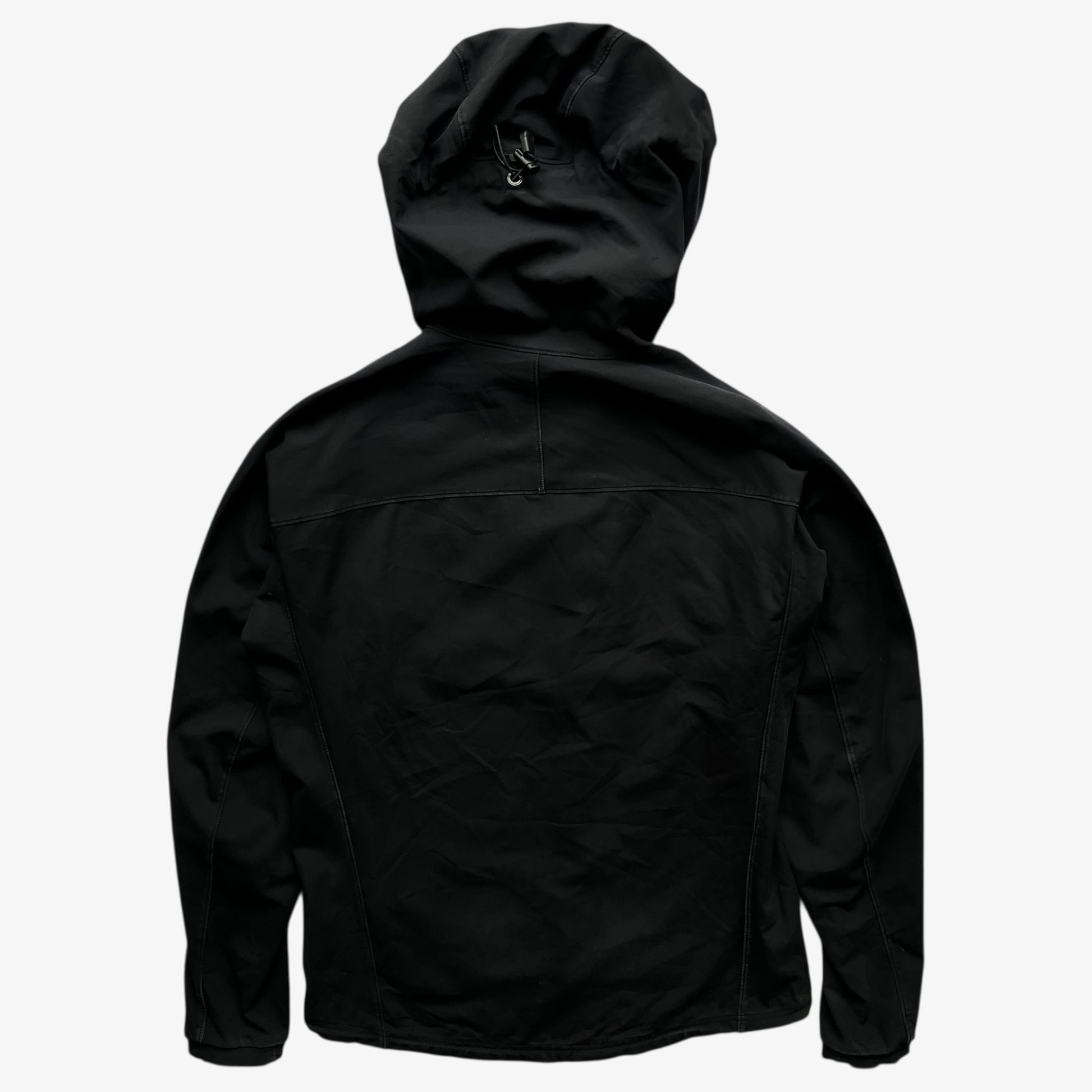 Back of men's vintage Y2K Arcteryx Polartec black hooded utility jacket.
