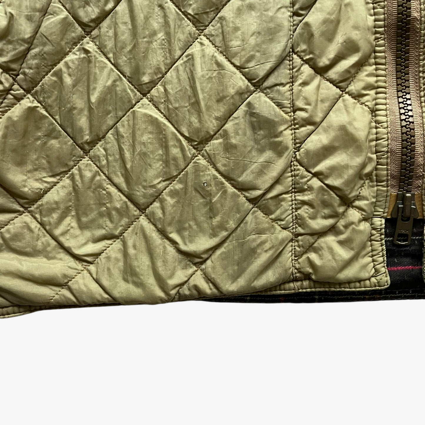 Patina of vintage Y2K men's Barbour lime green quilted jacket.