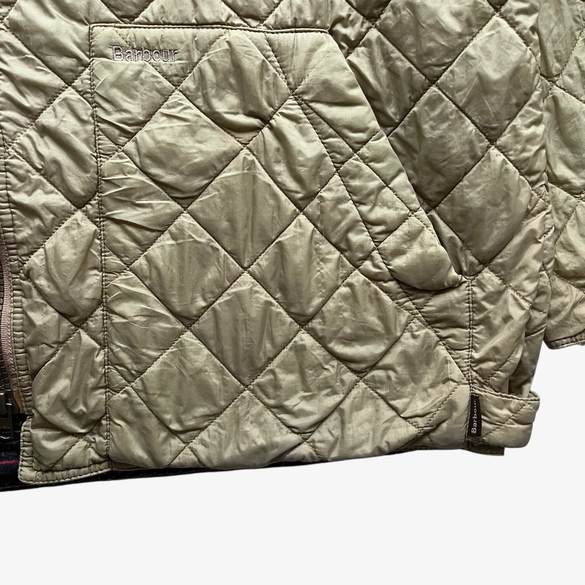 Embroidered Barbour logo on vintage Y2K men's lime green quilted jacket.