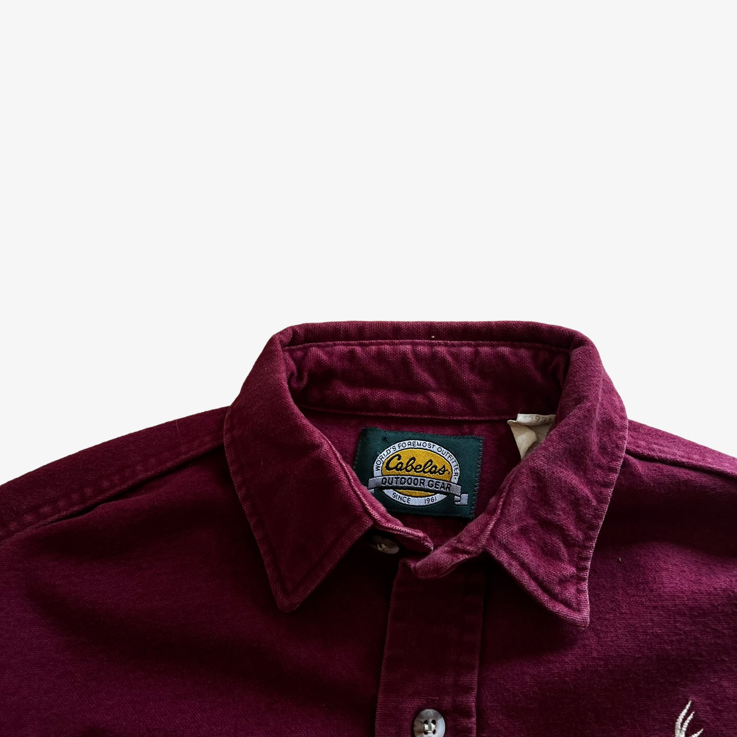 Vintage Y2K Mens Cabelas Deer Embroidered Long Sleeve Burgundy Shirt Label - Casspios Dream
