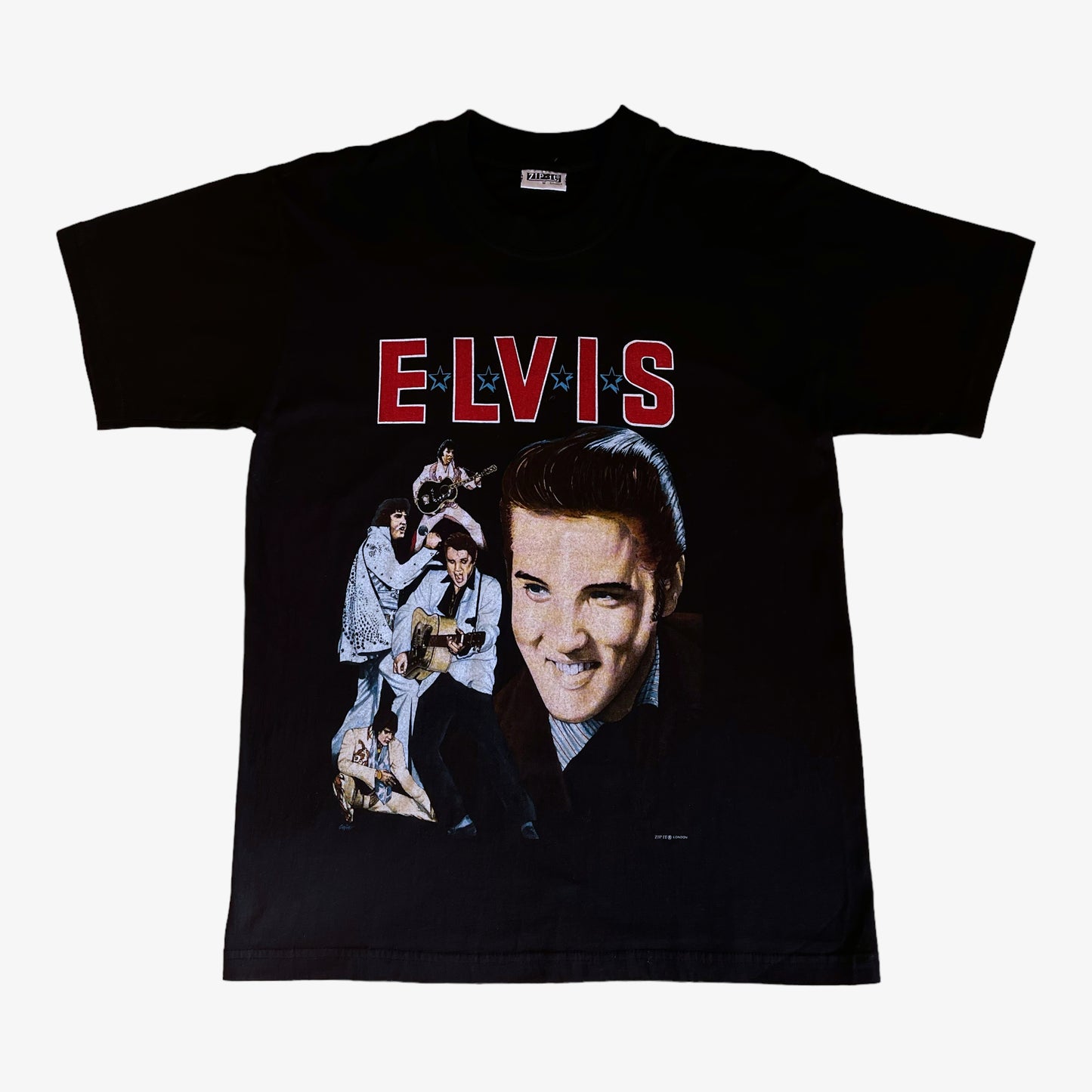 Black Elvis Presley graphic print t-shirt featuring a large image of Elvis Presley on the front.