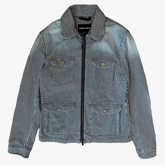 Vintage Y2K men's Emporio Armani faded blue and white striped workwear jacket.