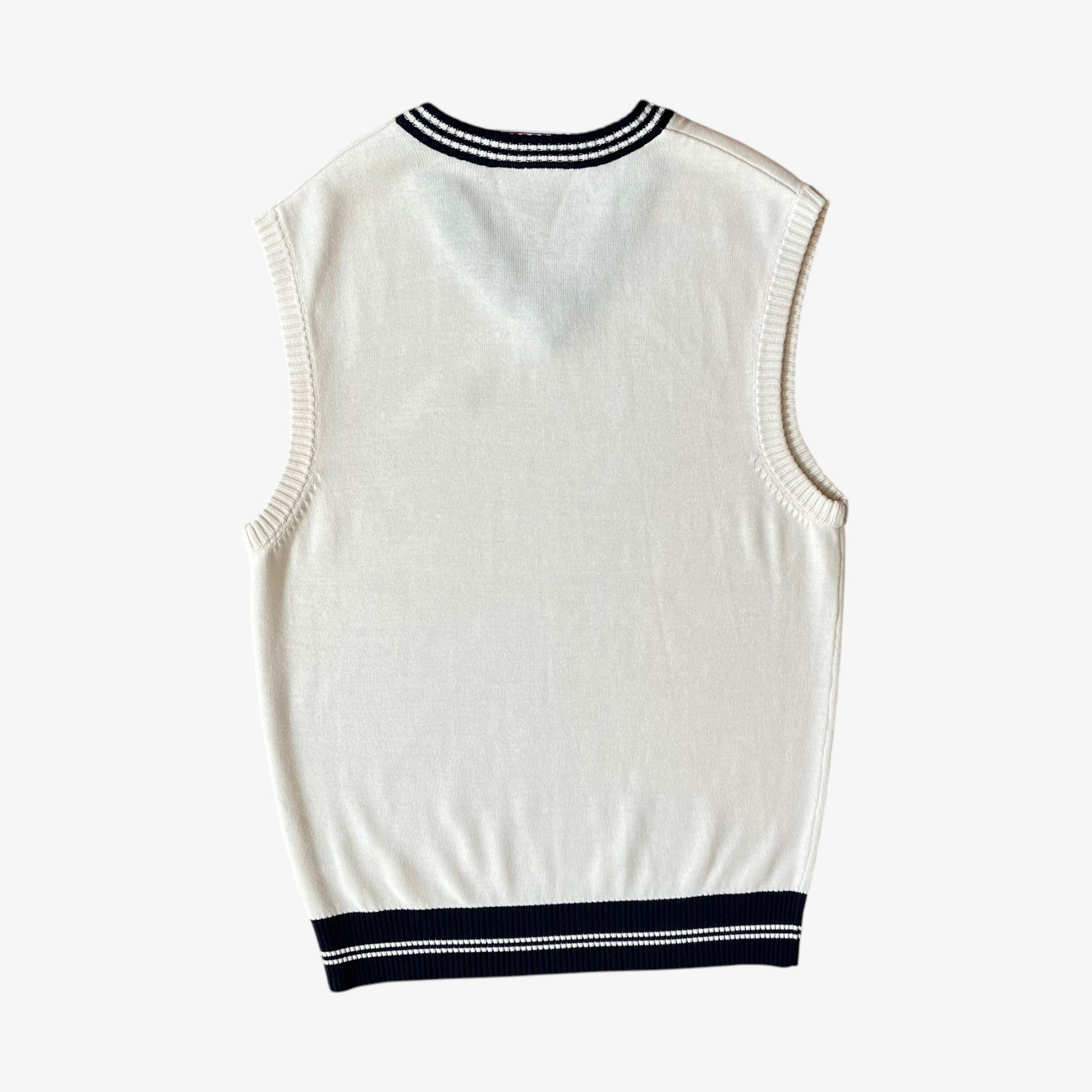 Vintage Y2K Mens Fila Cream And Navy V-Neck Knitted Vest Back - Casspios Dream