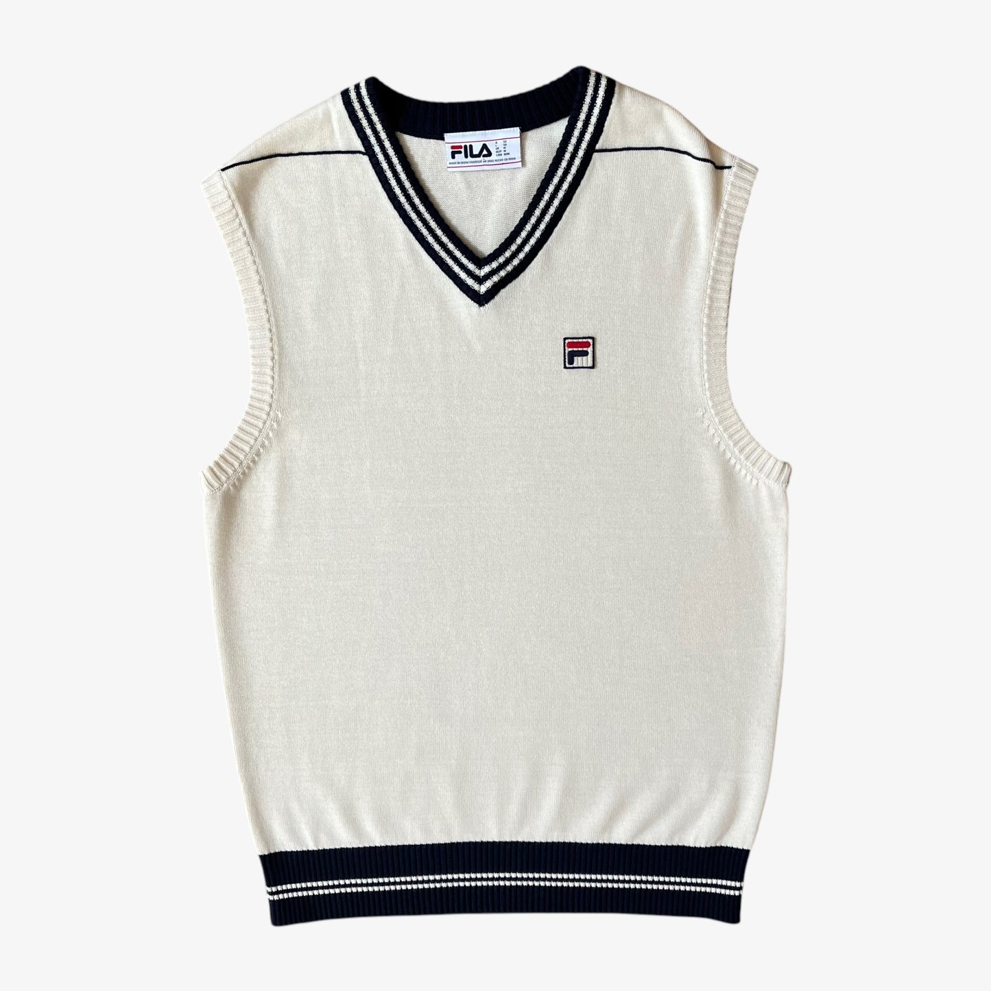 Vintage Y2K Mens Fila Cream And Navy V-Neck Knitted Vest - Casspios Dream
