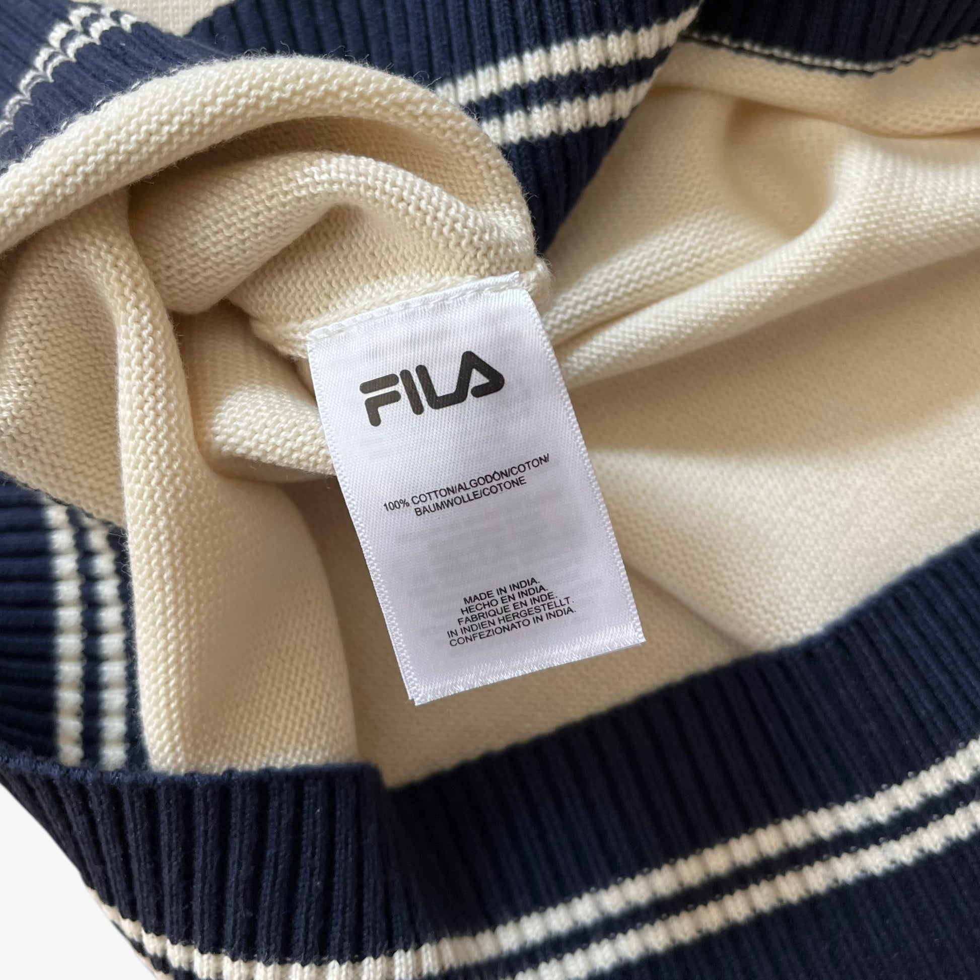 Vintage Y2K Mens Fila Cream And Navy V-Neck Knitted Vest Inside Label - Casspios Dream