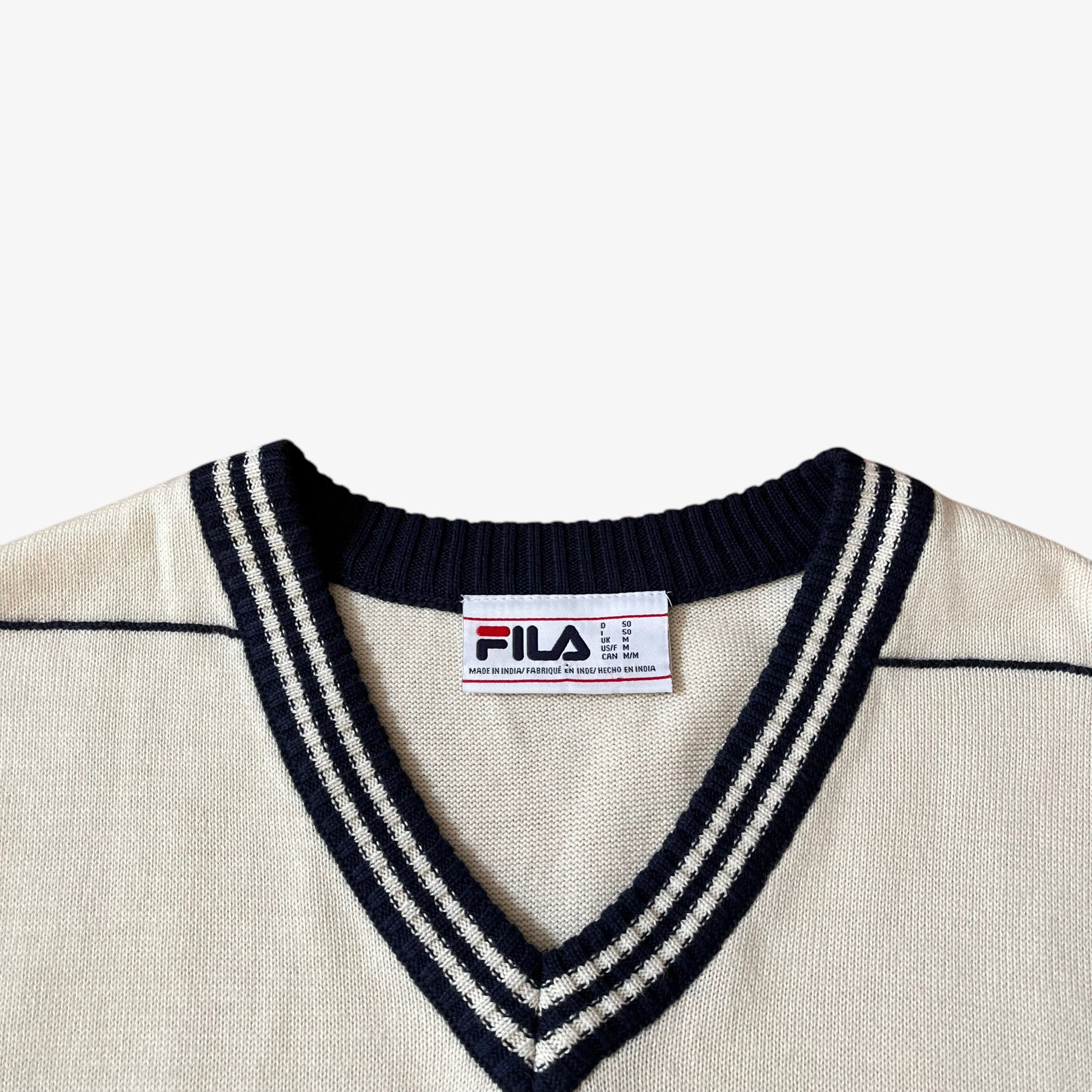 Vintage Y2K Mens Fila Cream And Navy V-Neck Knitted Vest Label - Casspios Dream