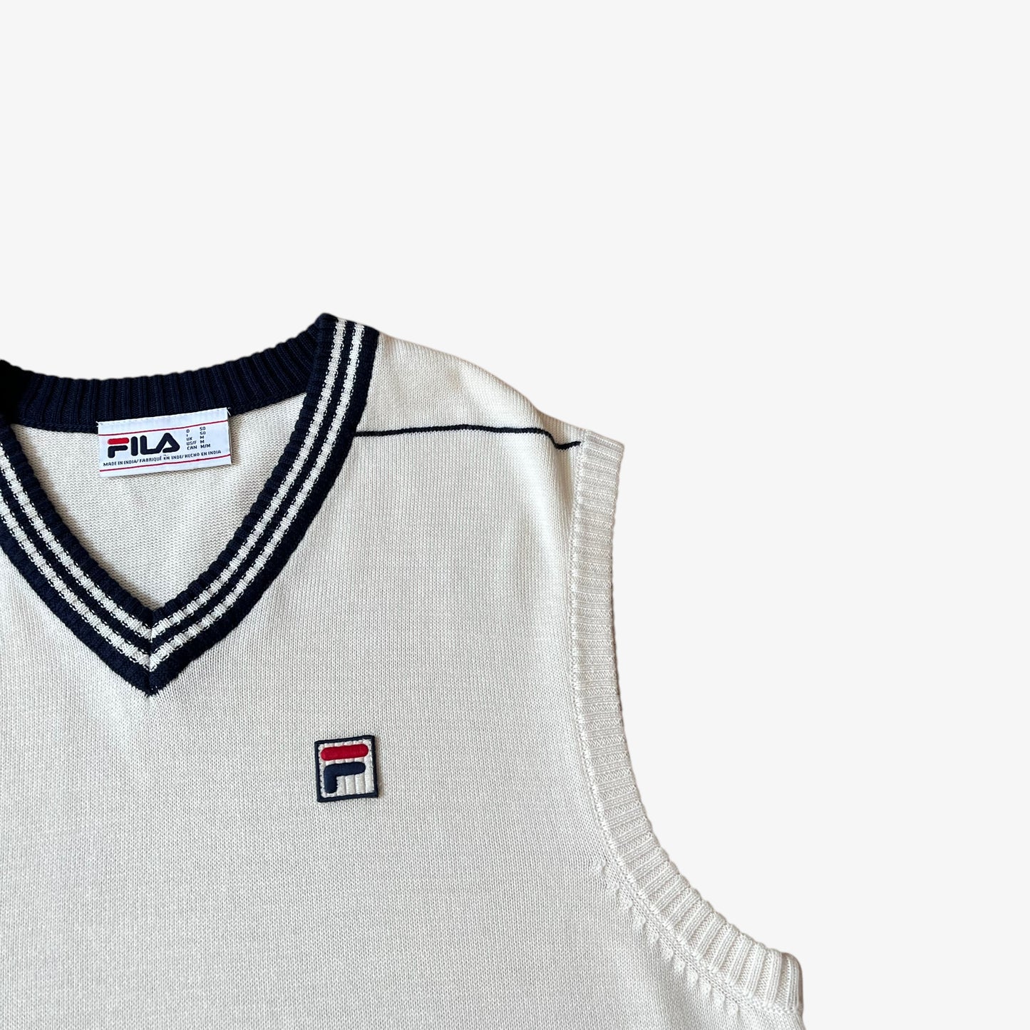 Vintage Y2K Mens Fila Cream And Navy V-Neck Knitted Vest Logo - Casspios Dream