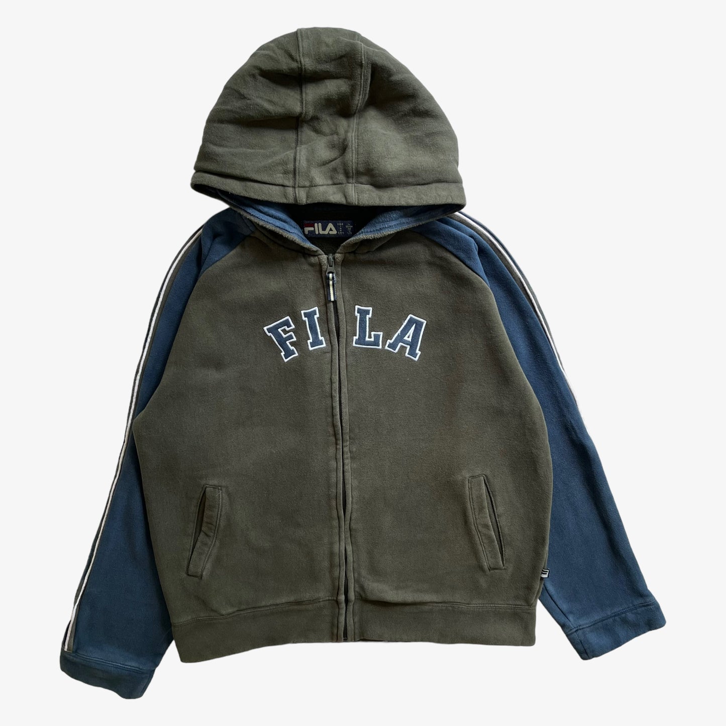 Vintage Y2K Mens Fila Embroidered Spell Out Green And Navy Hooded Jacket - Casspios Dream