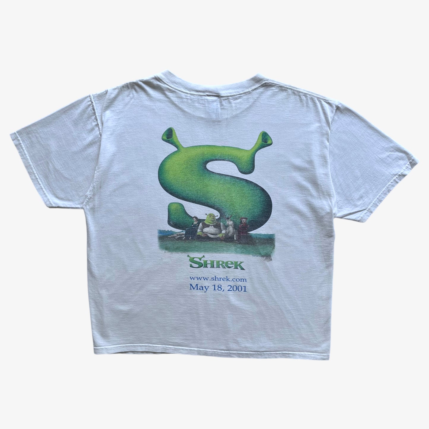 Vintage Y2K Mens Fruit Of The Loom Lofteez Shrek 2001 Dreamworks Film Promotional Double Sided Print T-Shirt Back - Casspios Dream