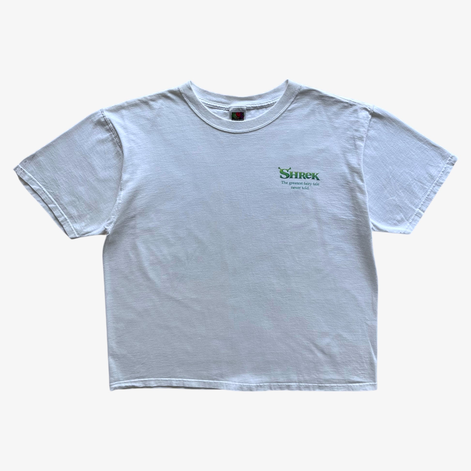Vintage Y2K Mens Fruit Of The Loom Lofteez Shrek 2001 Dreamworks Film Promotional Double Sided Print T-Shirt - Casspios Dream