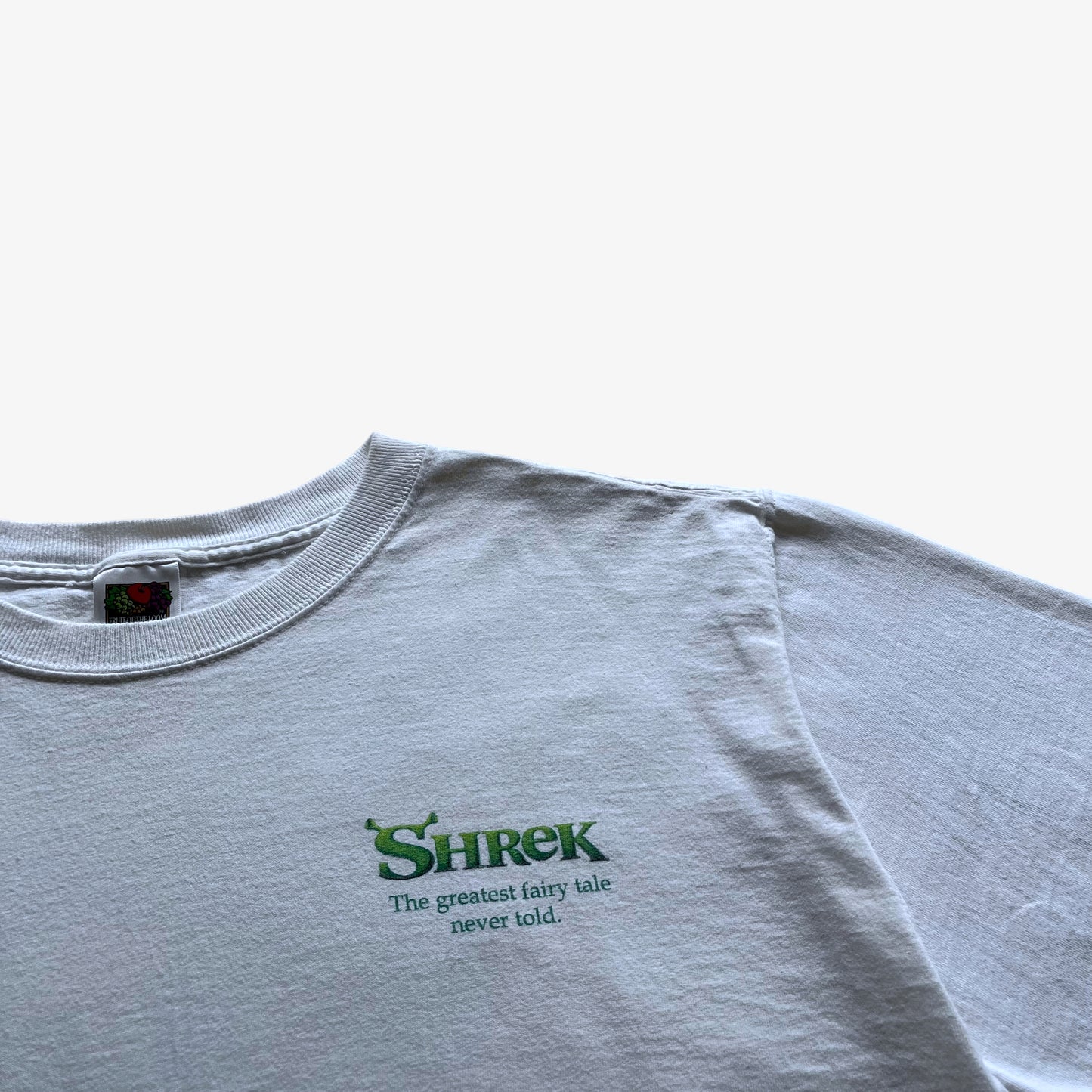 Vintage Y2K Mens Fruit Of The Loom Lofteez Shrek 2001 Dreamworks Film Promotional Double Sided Print T-Shirt Logo - Casspios Dream