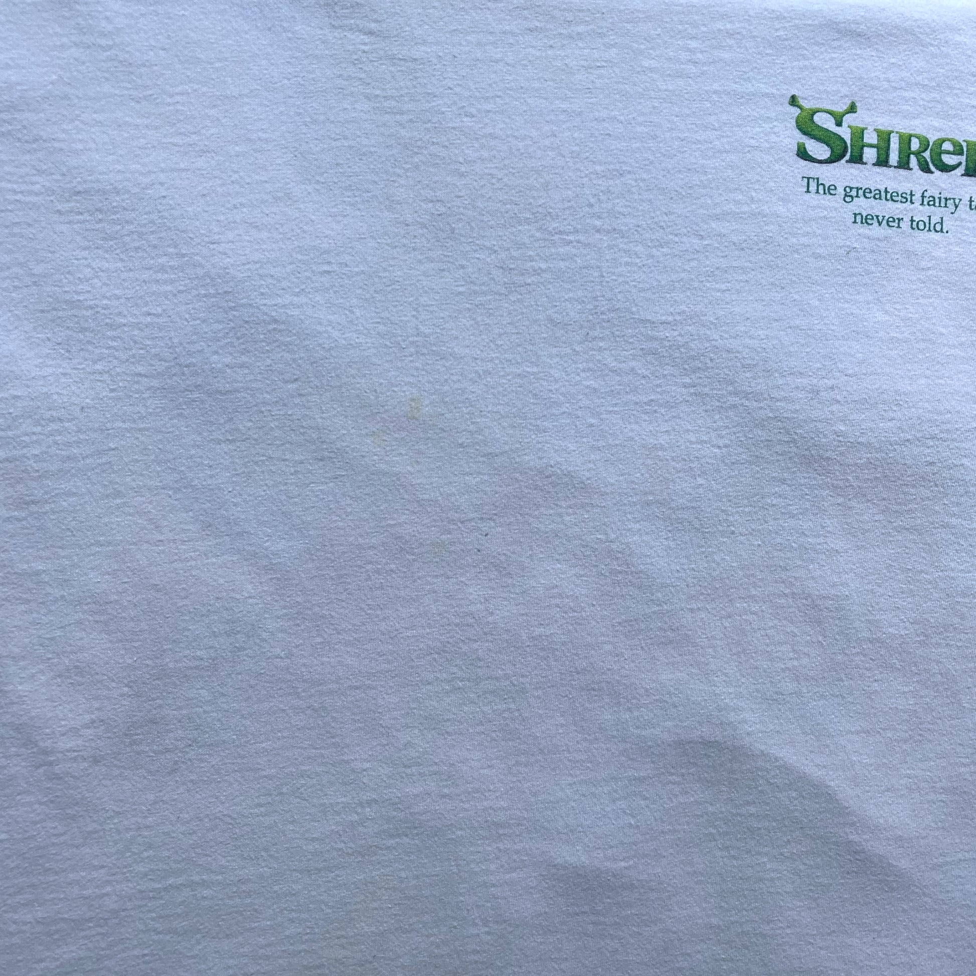 Vintage Y2K Mens Fruit Of The Loom Lofteez Shrek 2001 Dreamworks Film Promotional Double Sided Print T-Shirt Marks - Casspios Dream