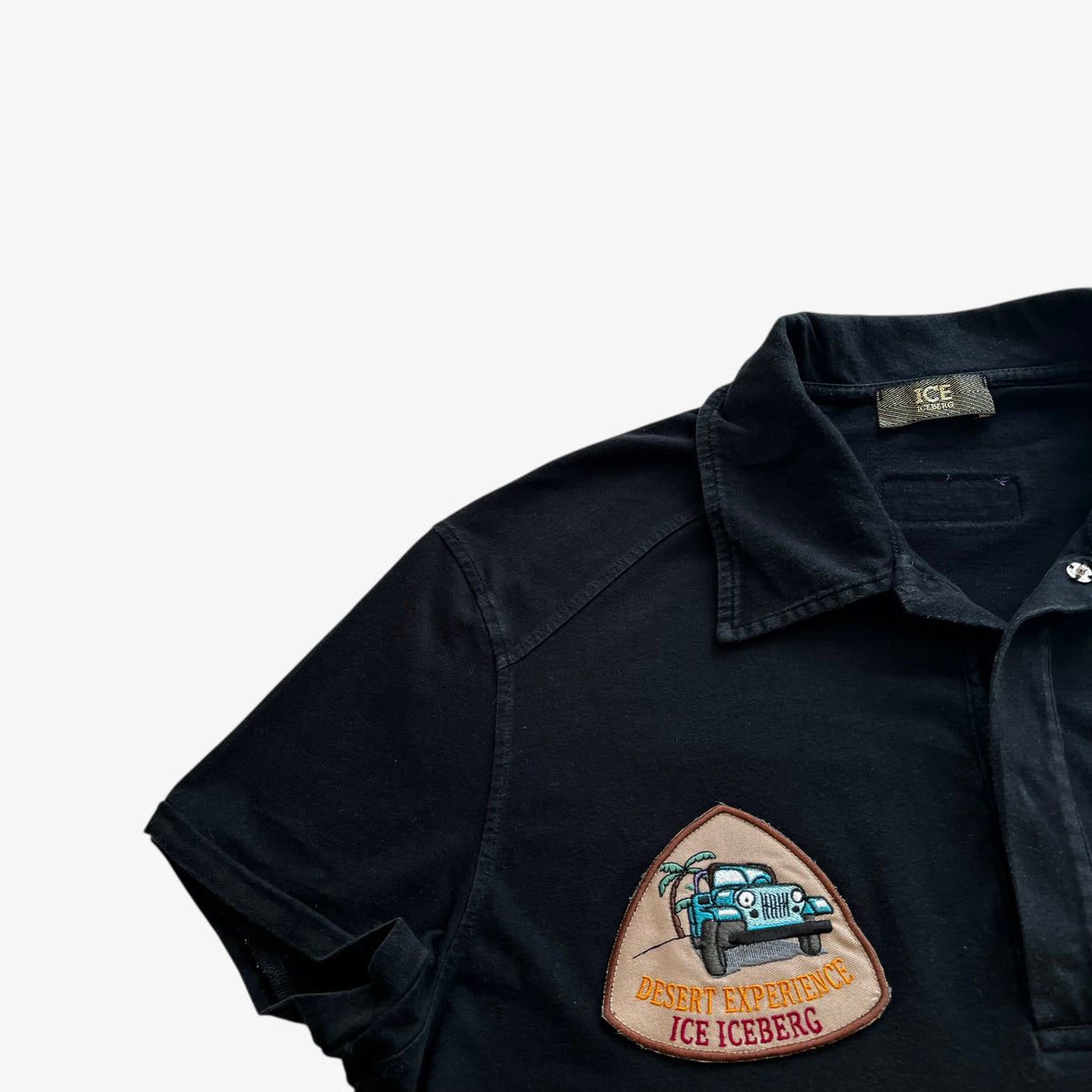 Vintage Y2K Mens Iceberg Desert Experience Black Polo Shirt Badges - Casspios Dream