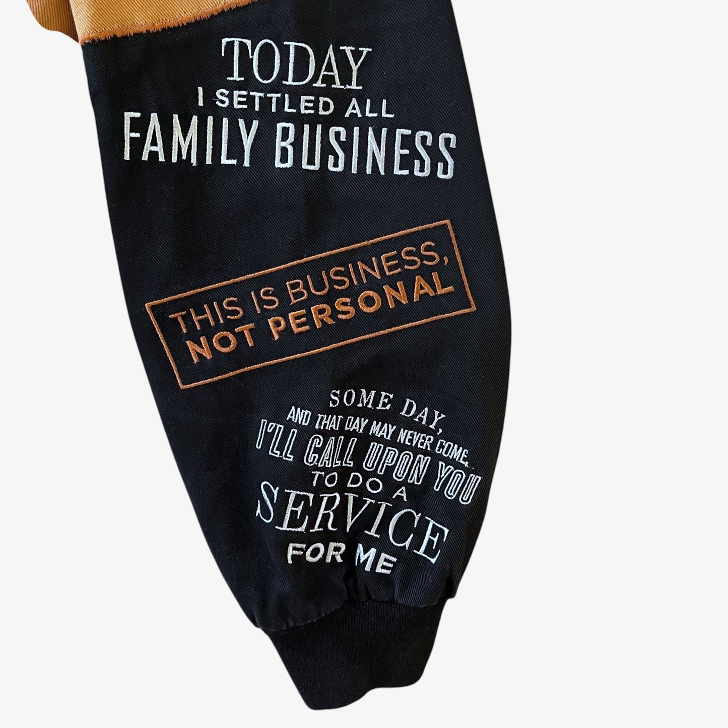 Embroidered quotes from The Godfather on a vintage Jeff Hamilton jacket.