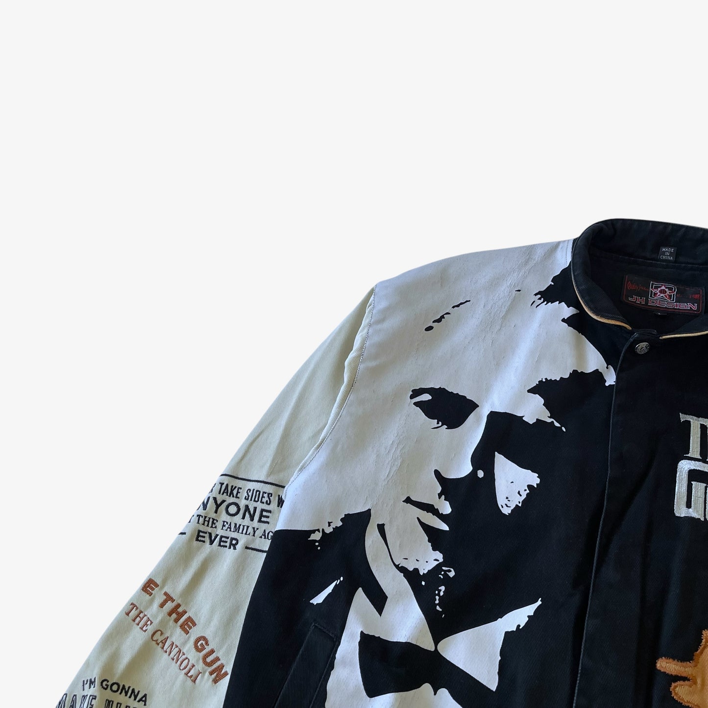 Close up of Marlon Brando embroidery on a vintage Jeff Hamilton jacket.