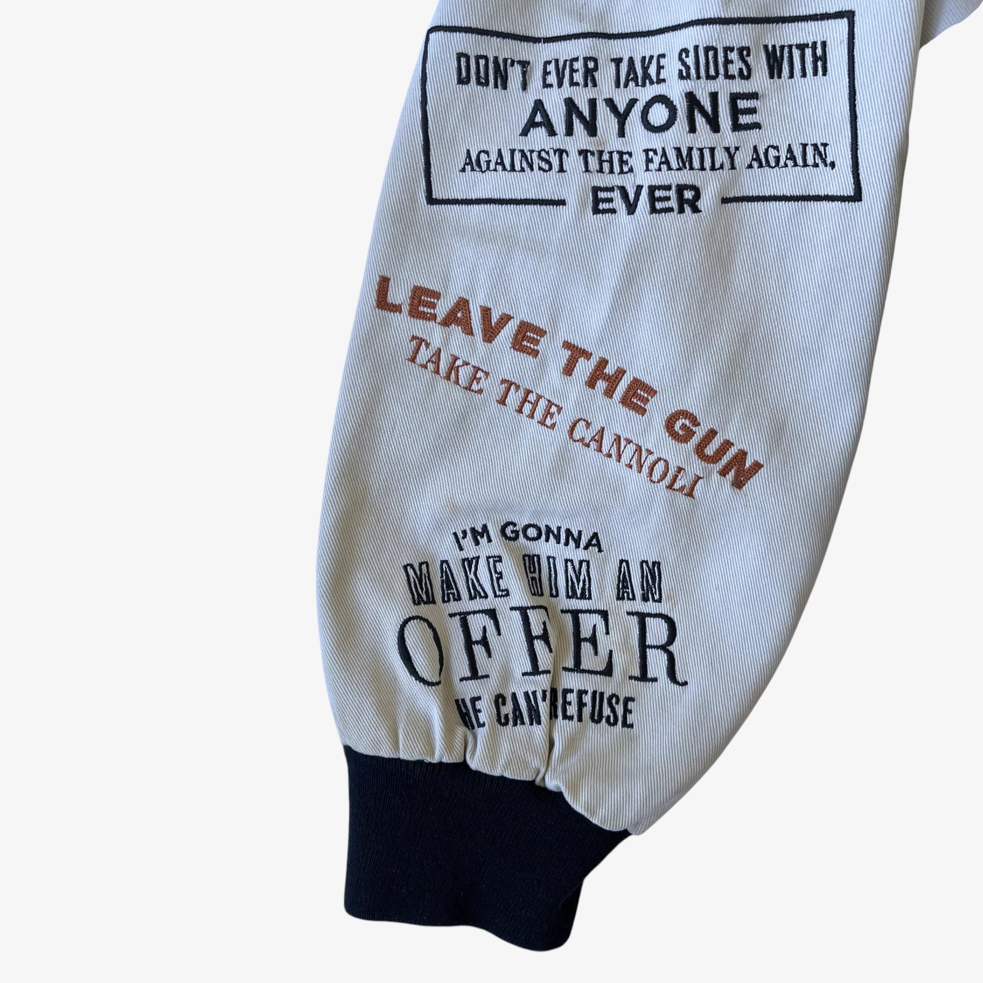 Embroidered The Godfather movie quotes on a vintage Jeff Hamilton jacket.