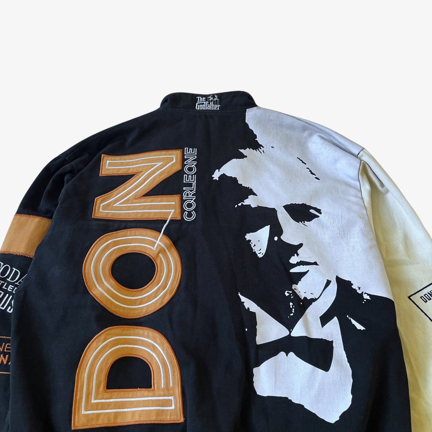 Close up of Don Corleone embroidery on a vintage JH Design nascar jacket.