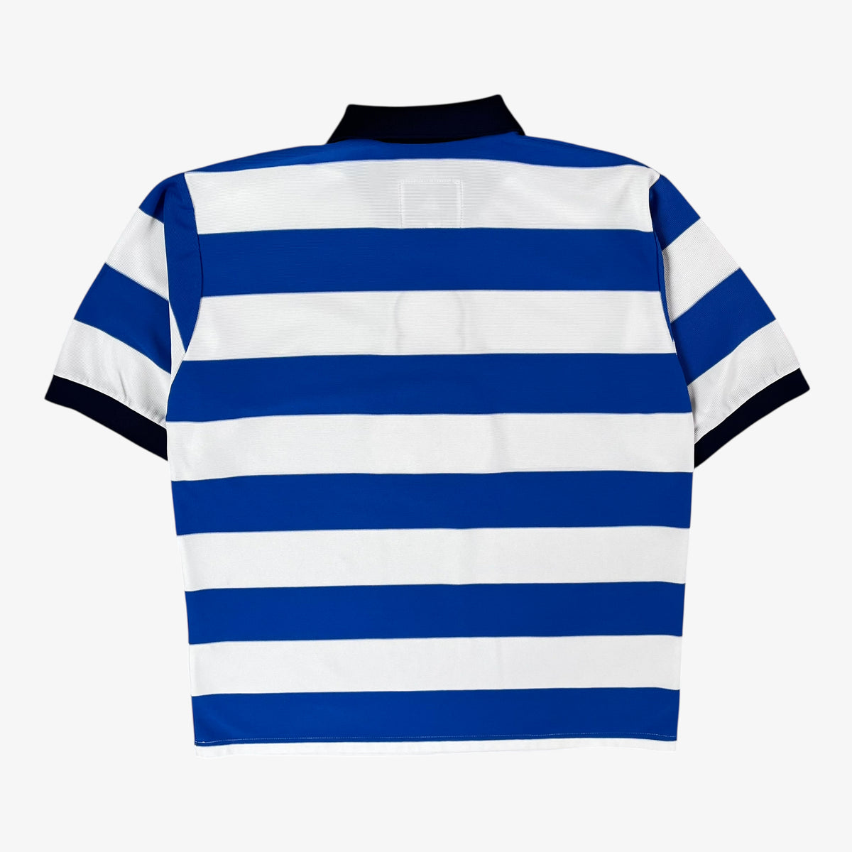 Back of vintage QPR 2001 blue and white striped polo shirt on a white background