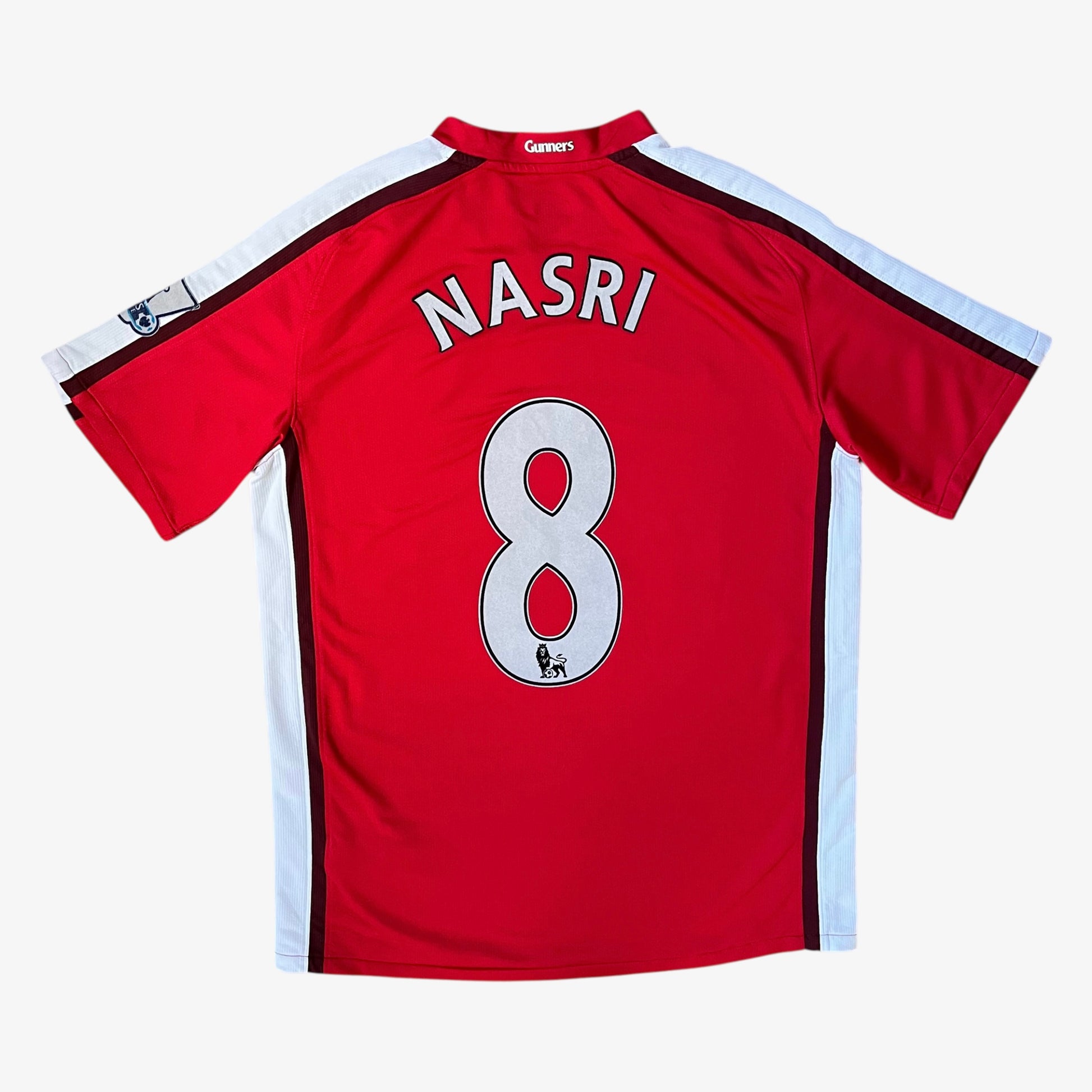 Nasri 8 embossed on the back of vintage men's Nike Arsenal 2008 - 2010 red home football jersey.
