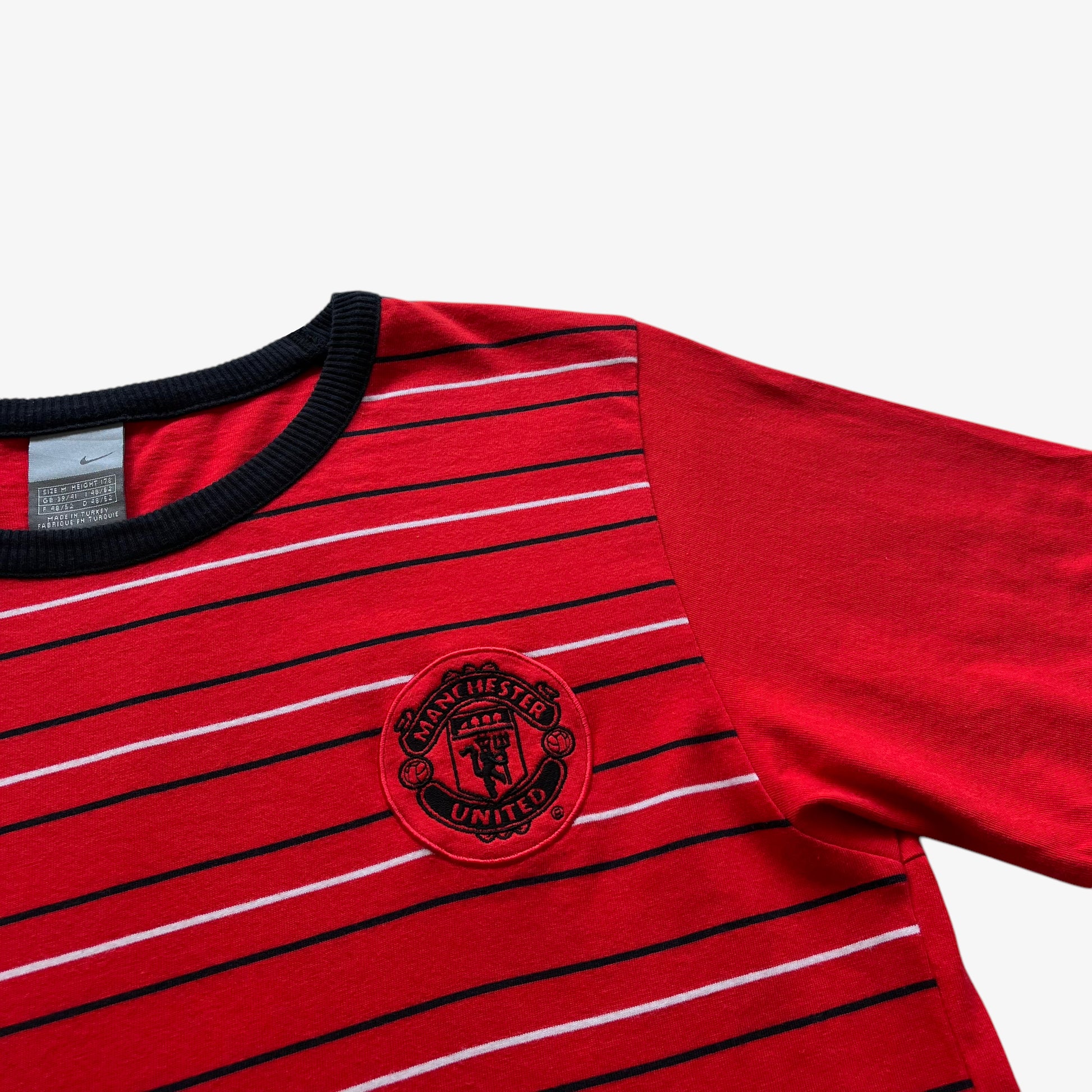 Vintage Y2K Mens Nike Manchester United Football Club Red Striped T-Shirt Devil - Casspios Dream