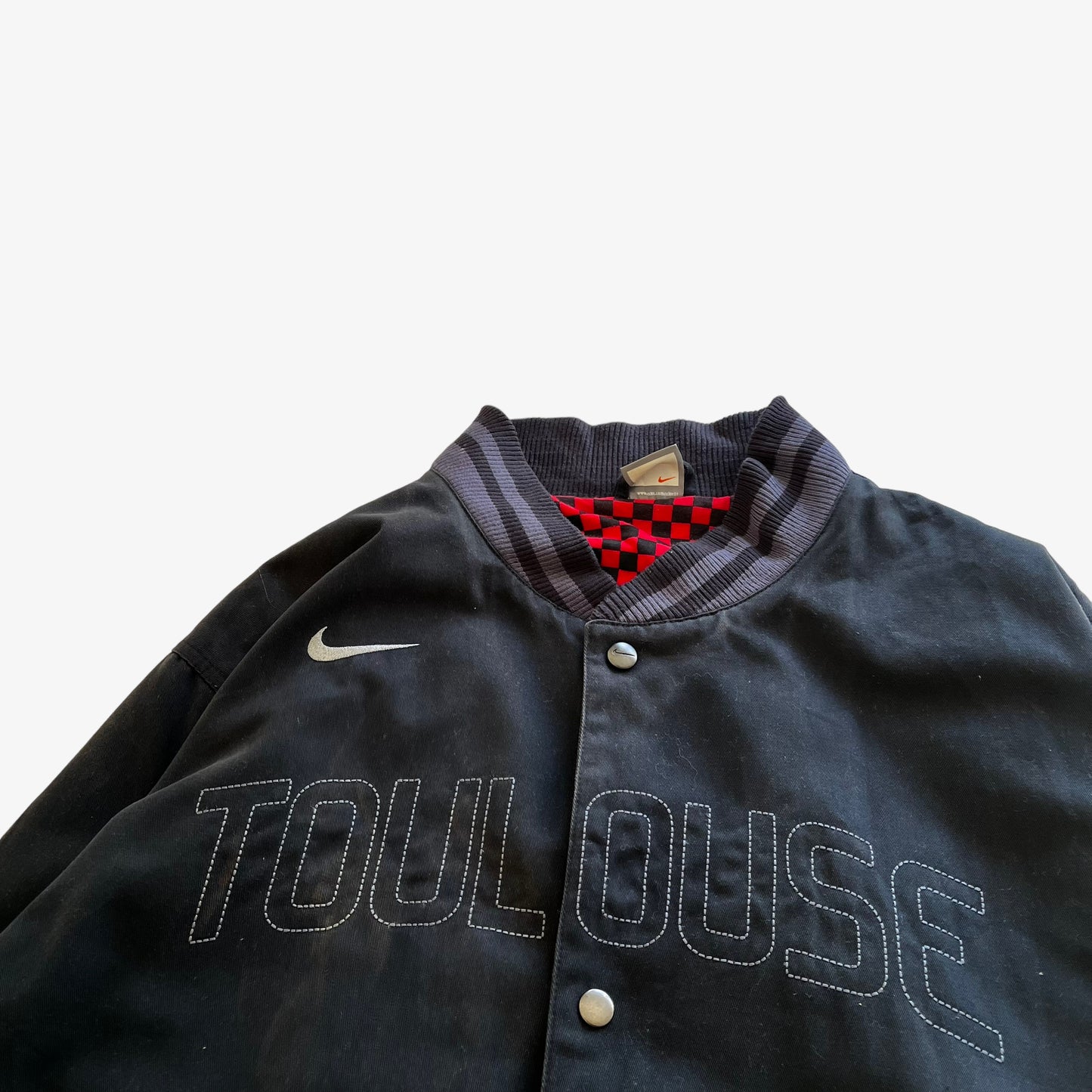Vintage Y2K Mens Nike Stade Toulousain Rugby Team Embroidered Toulouse Spell Out Black Varsity Jacket Spell Out - Casspios Dream