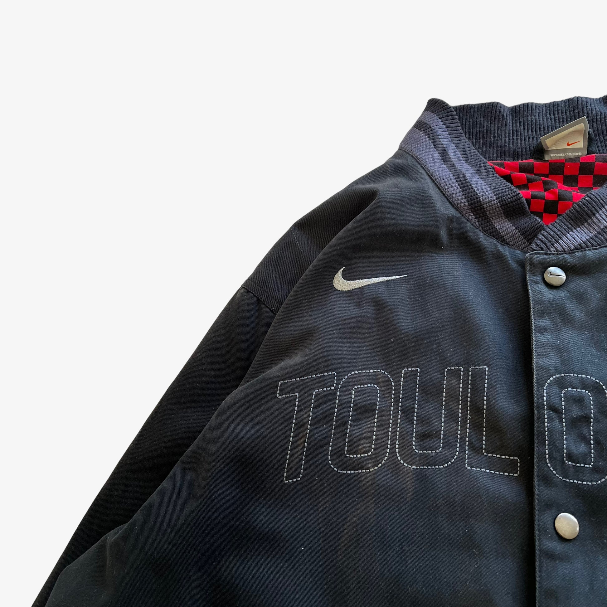 Vintage Y2K Mens Nike Stade Toulousain Rugby Team Embroidered Toulouse Spell Out Black Varsity Jacket Logo - Casspios Dream