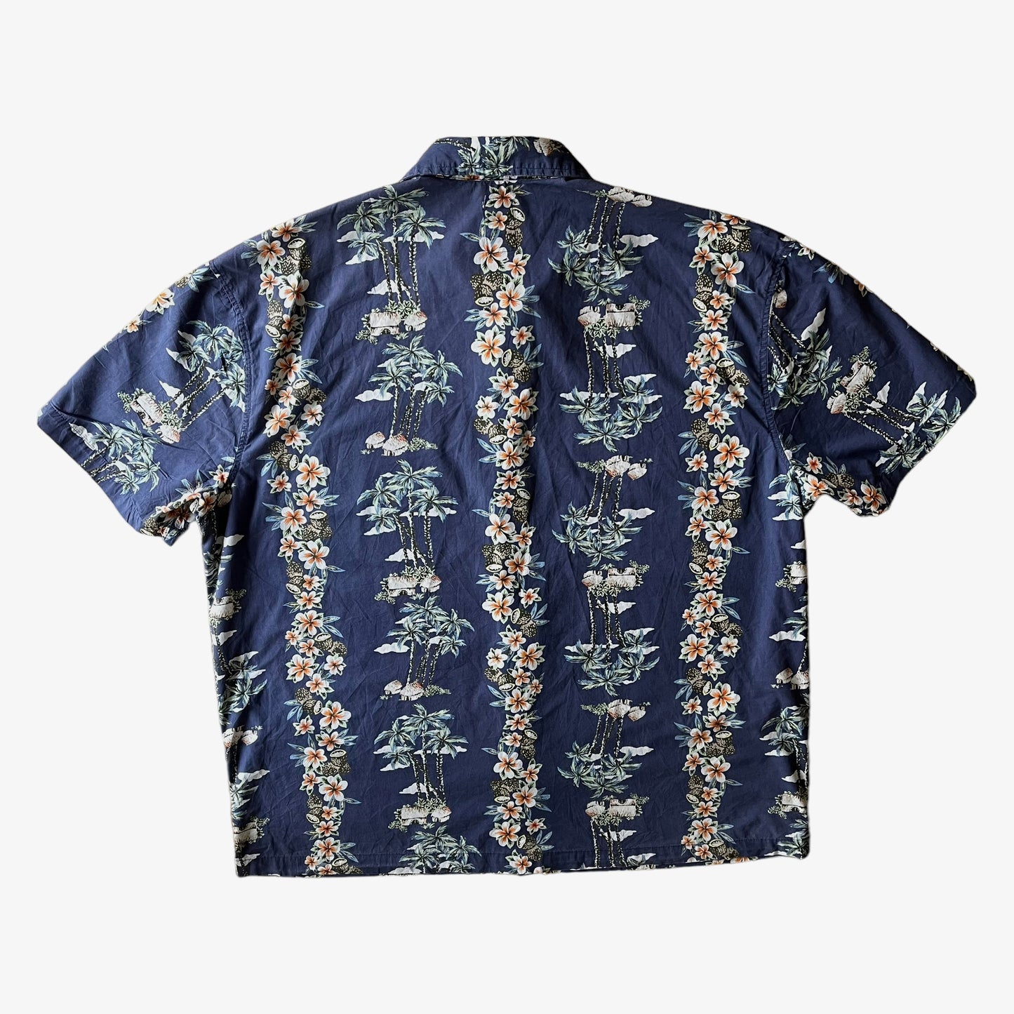 Vintage Y2K Mens Old Navy Palm Tree And Floral Striped Print Short Sleeve Blue Hawaiian Shirt Back - Casspios Dream