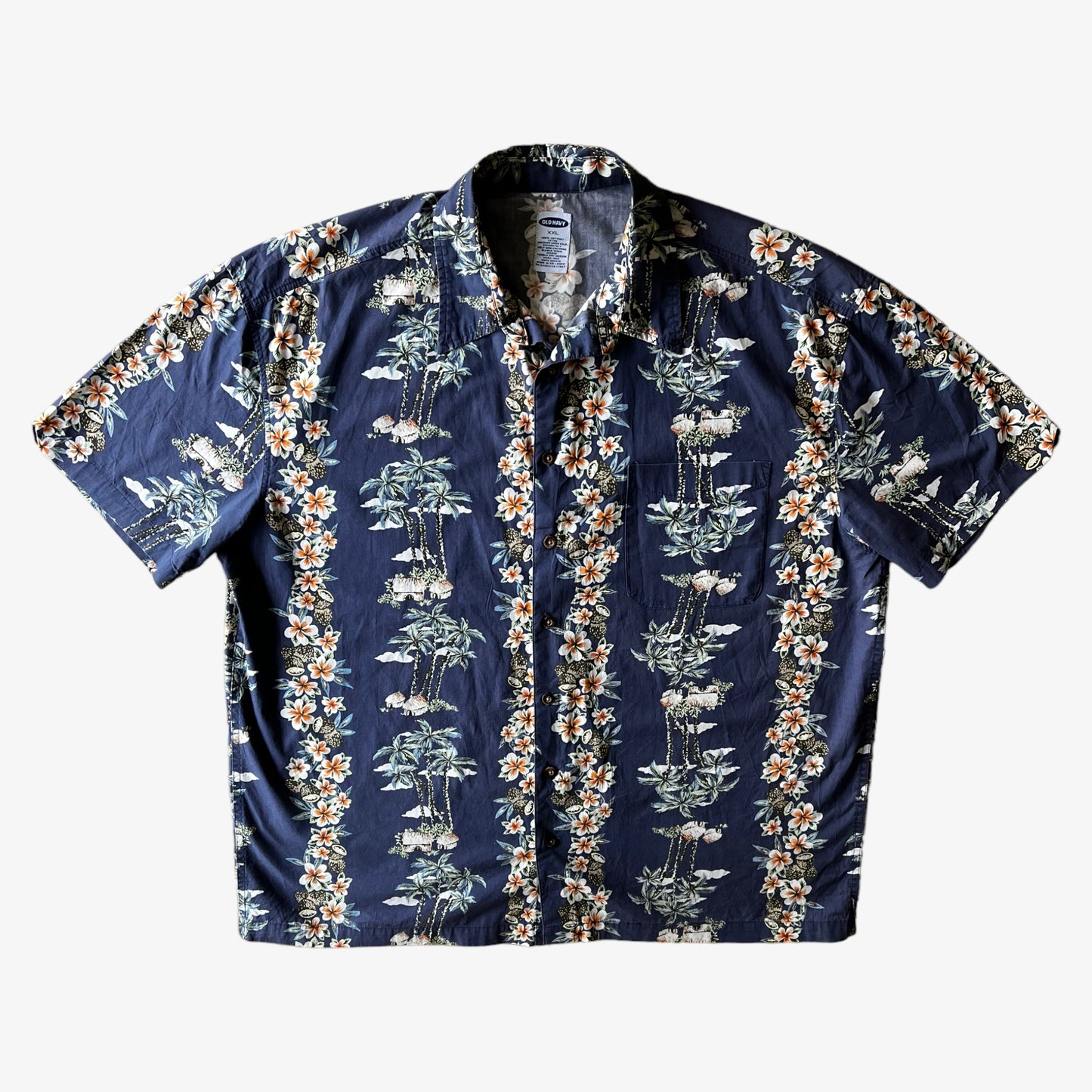 Vintage Y2K Mens Old Navy Palm Tree And Floral Striped Print Short Sleeve Blue Hawaiian Shirt - Casspios Dream