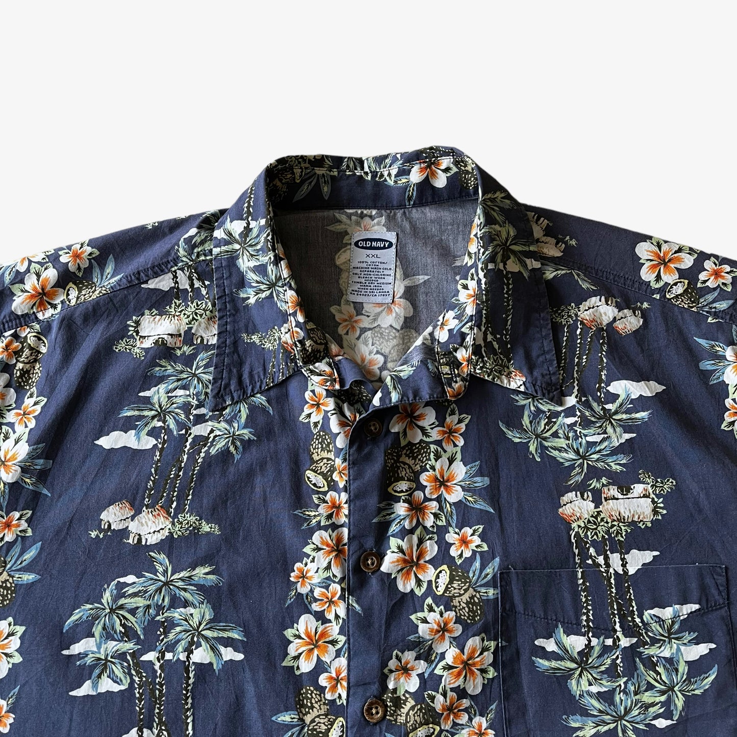 Vintage Y2K Mens Old Navy Palm Tree And Floral Striped Print Short Sleeve Blue Hawaiian Shirt Pattern - Casspios Dream