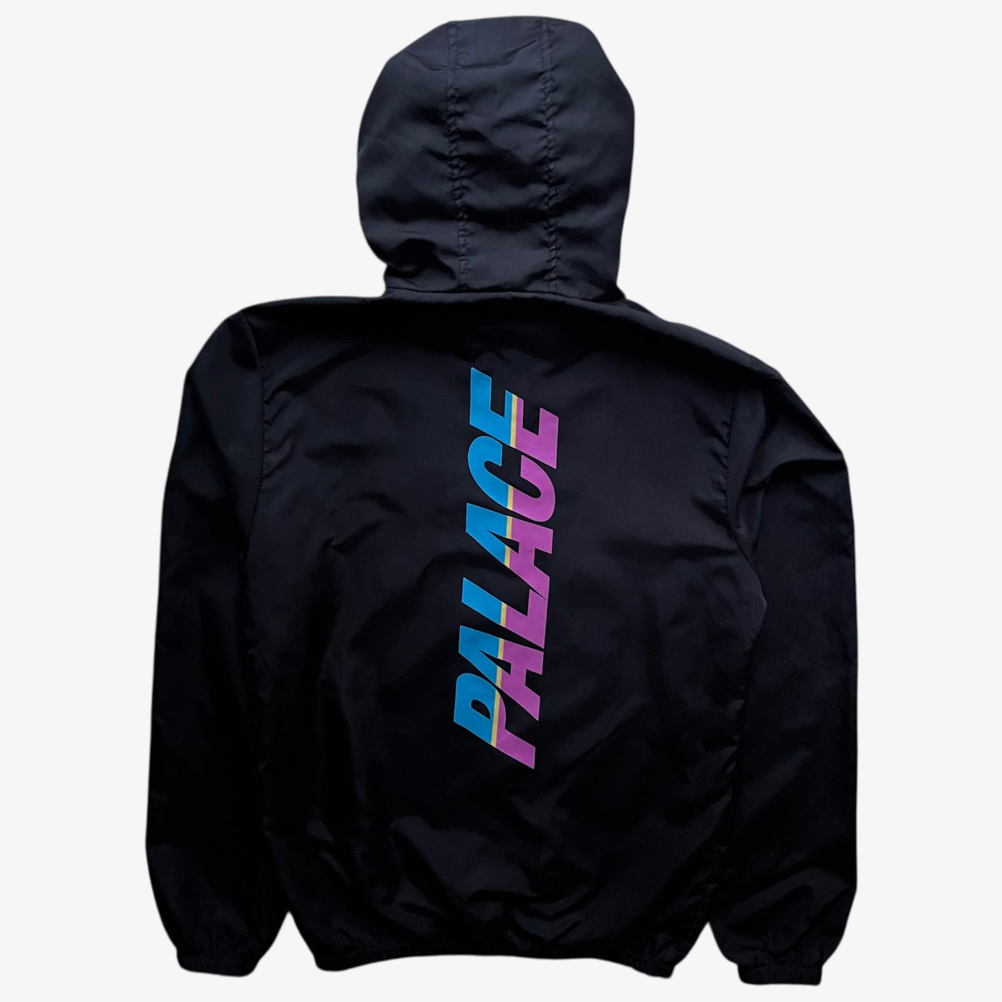 Back of men's vintage Y2K Palace spell out print black hooded jacket.