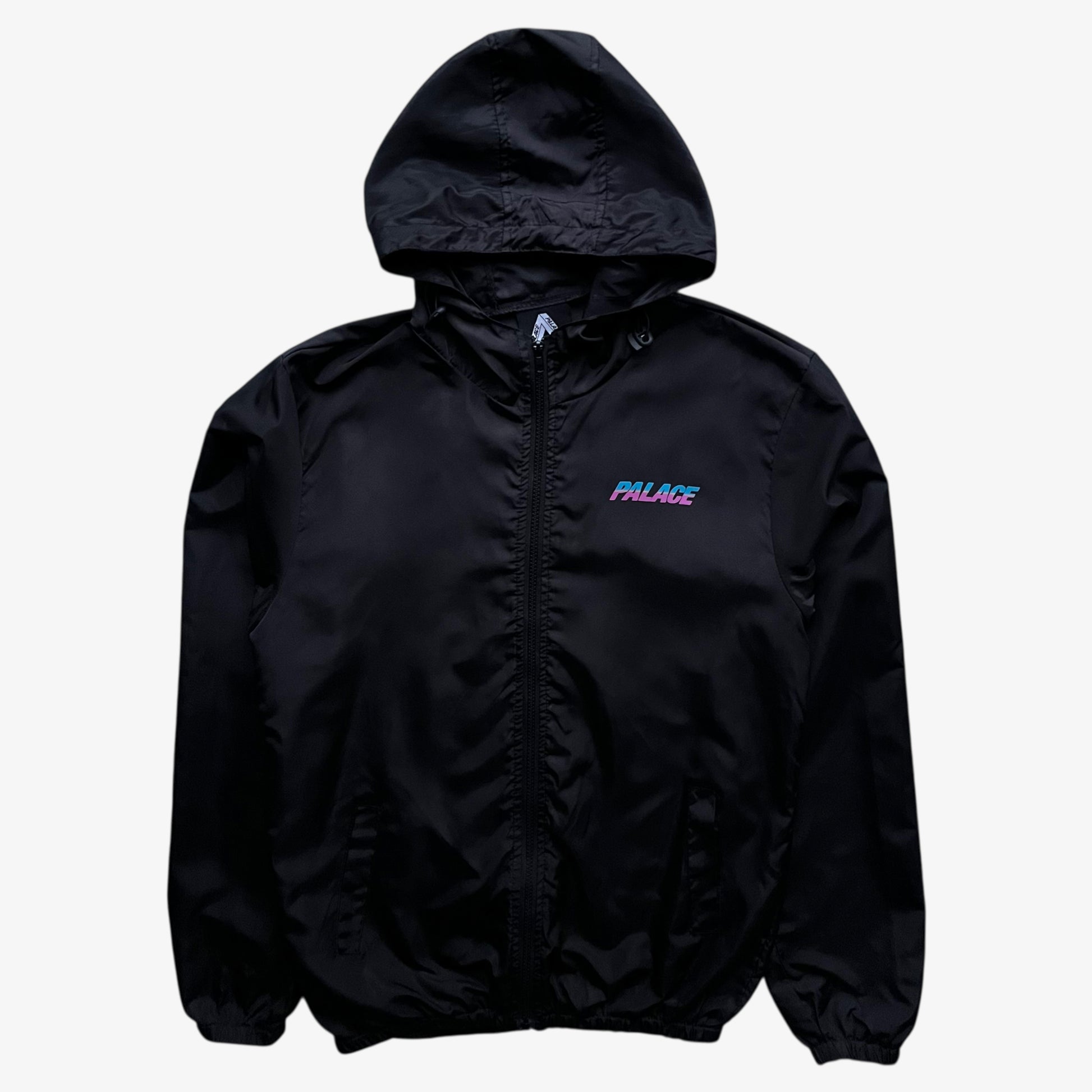Men's vintage Y2K Palace spell out print black hooded jacket.