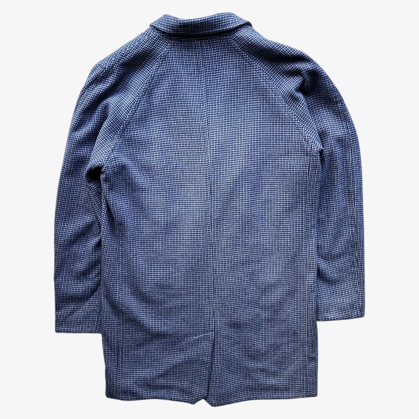 Back of vintage Y2K men's Paul Smith jeans blue and grey houndstooth print double breasted coat.