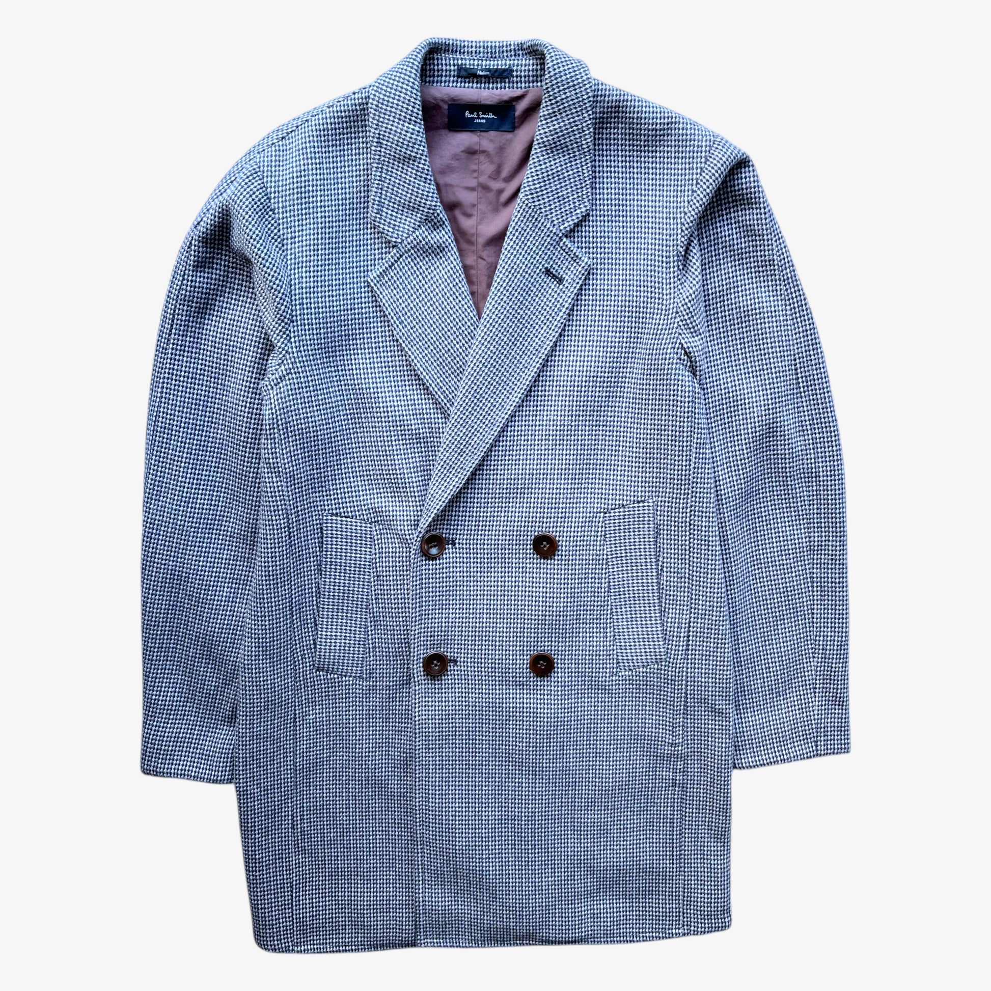 Vintage Y2K men's Paul Smith jeans blue and grey houndstooth print double breasted coat.