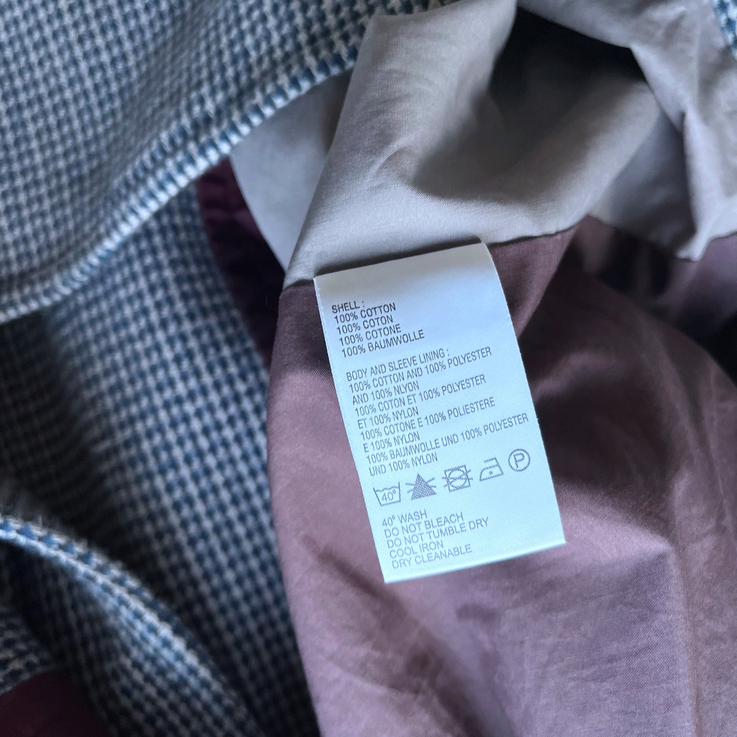 Inside label of vintage Y2K men's Paul Smith jeans blue and grey houndstooth print double breasted coat.