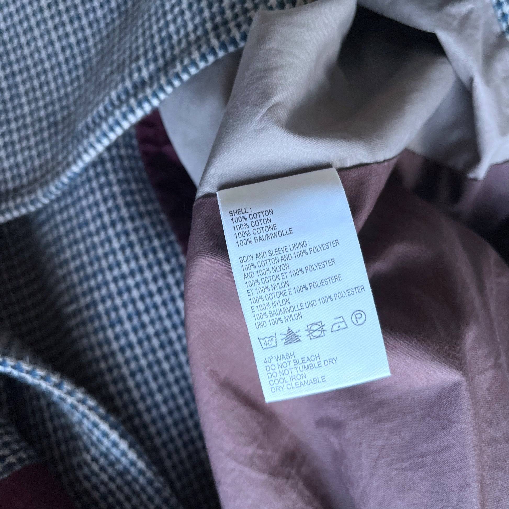 Inside label of vintage Y2K men's Paul Smith jeans blue and grey houndstooth print double breasted coat.
