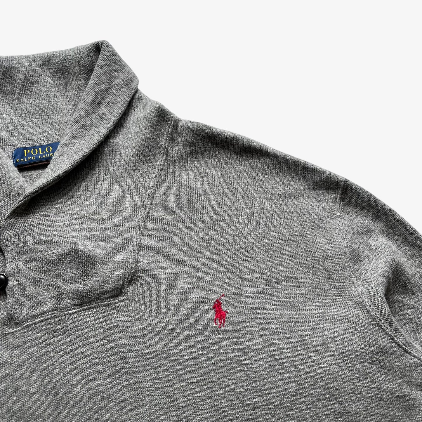 Embroidered Ralph Lauren logo on vintage Y2K men's grey high neck jumper.