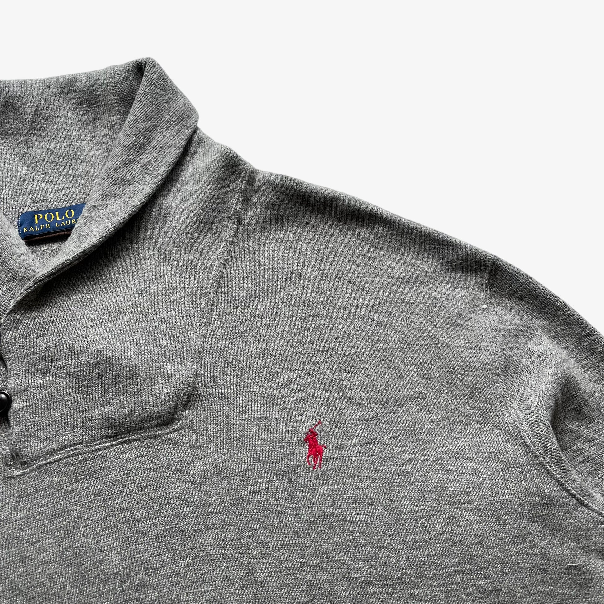 Embroidered Ralph Lauren logo on vintage Y2K men's grey high neck jumper.