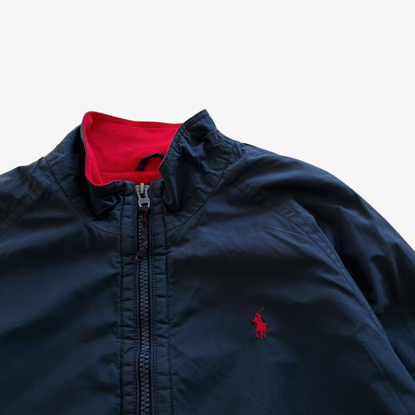 Vintage Y2K Mens Polo Ralph Lauren Navy Windbreaker Jacket With Red Fleece Lining Logo - Casspios Dream